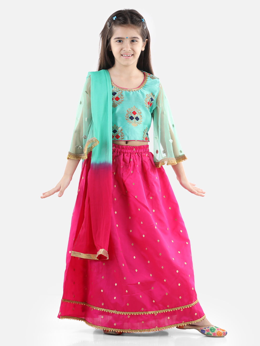 BownBee Flower Print Three Fourth Sleeves Choli Lehenga With Dupatta For Girls