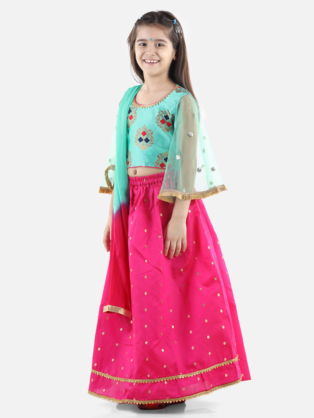 BownBee Flower Print Three Fourth Sleeves Choli Lehenga With Dupatta For Girls