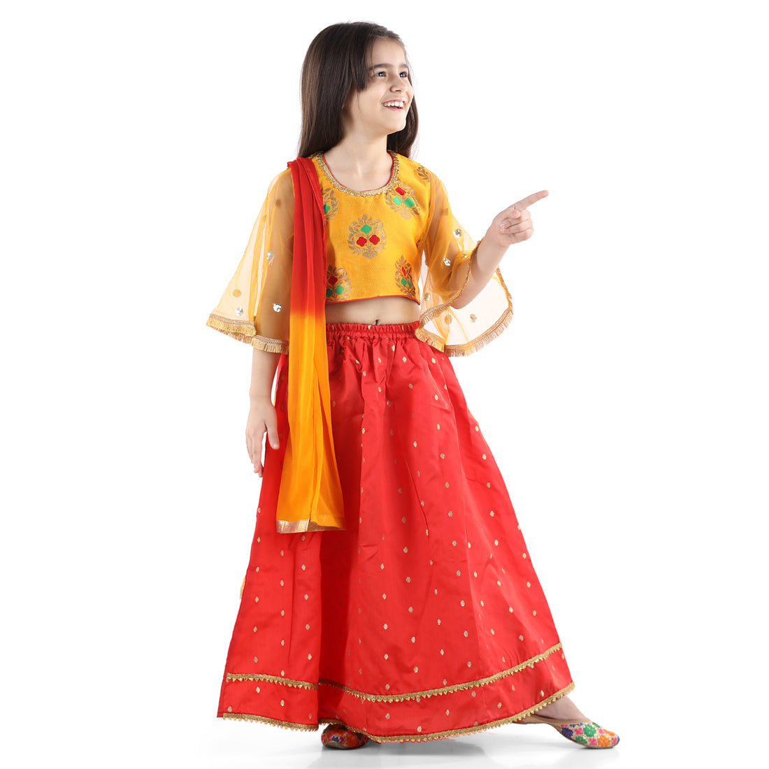 BownBee Flower Print Three Fourth Sleeves Choli Lehenga With Dupatta For Girls