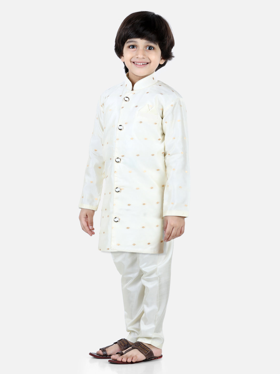 BownBee Boys Full Sleeve Silk Sherwani for Boys- White