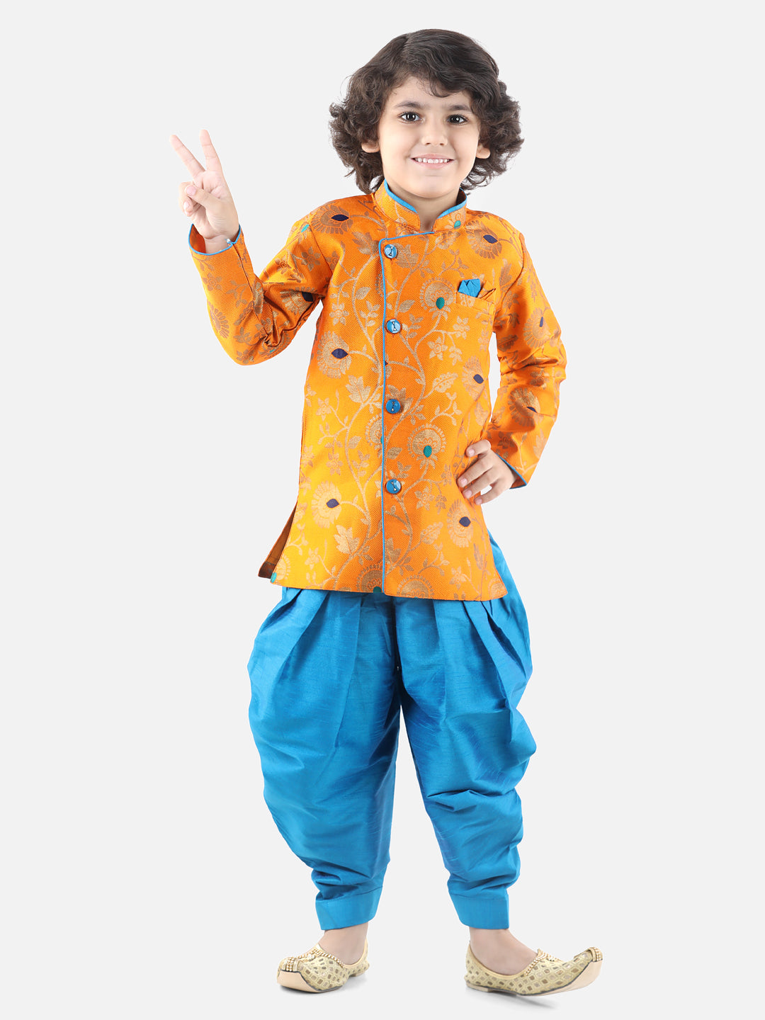 BownBee Boys Full Sleeve Jacquard Sherwani for Boys- Orange