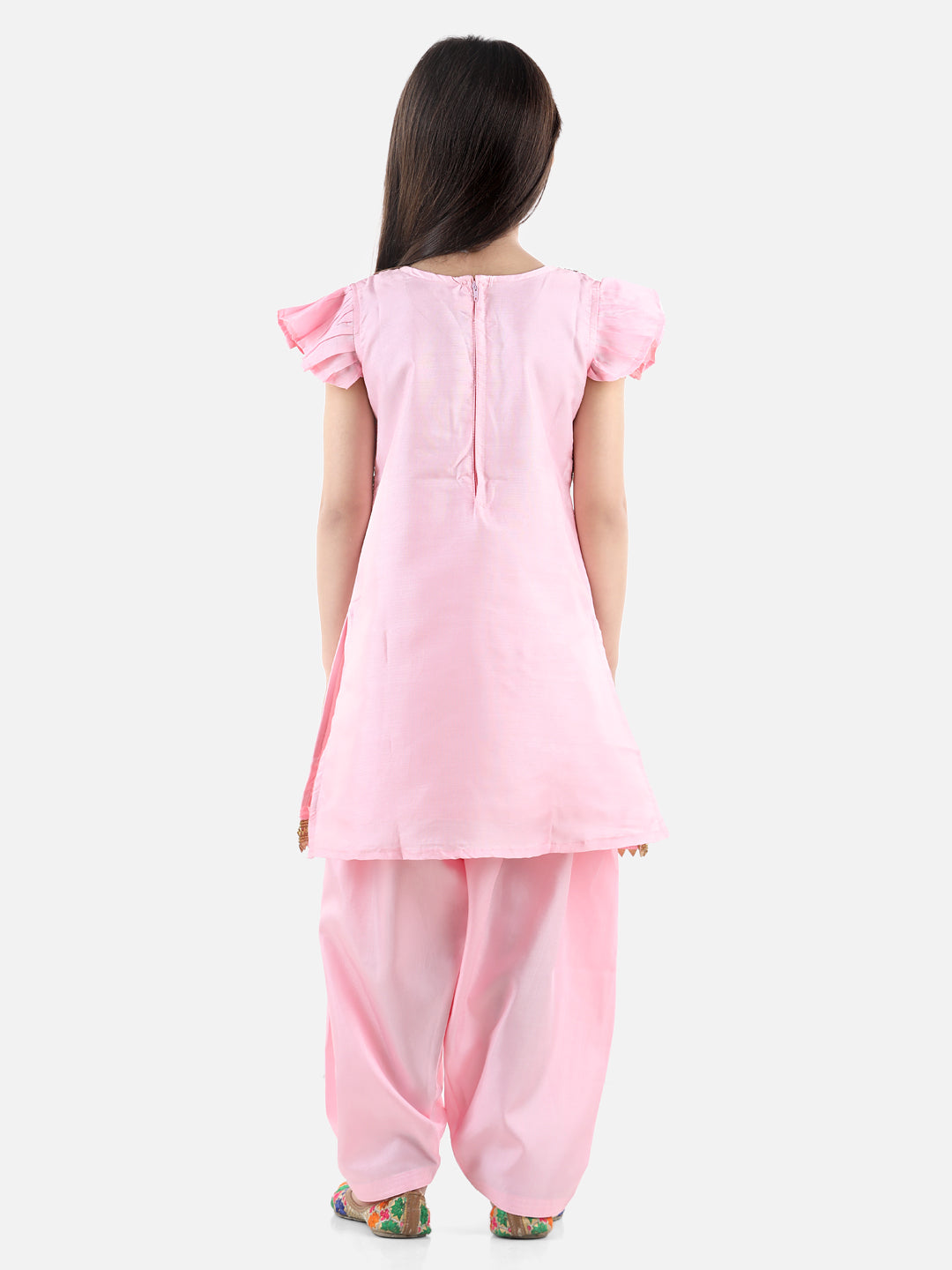 BownBee Short Sleeves Kurta With Attached Jacquard Jacket & Salwar-Pink