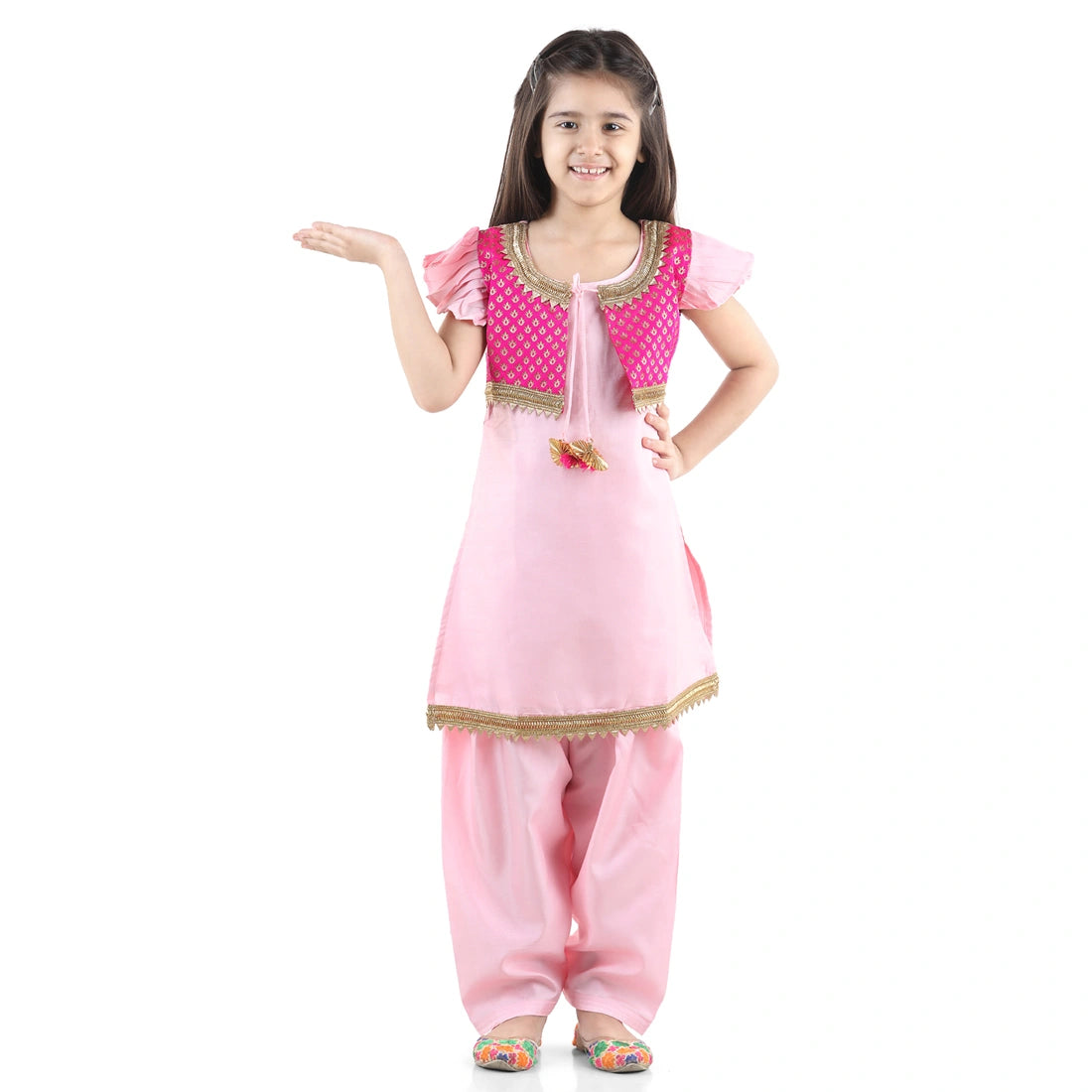 BownBee Short Sleeves Kurta With Attached Jacquard Jacket & Salwar