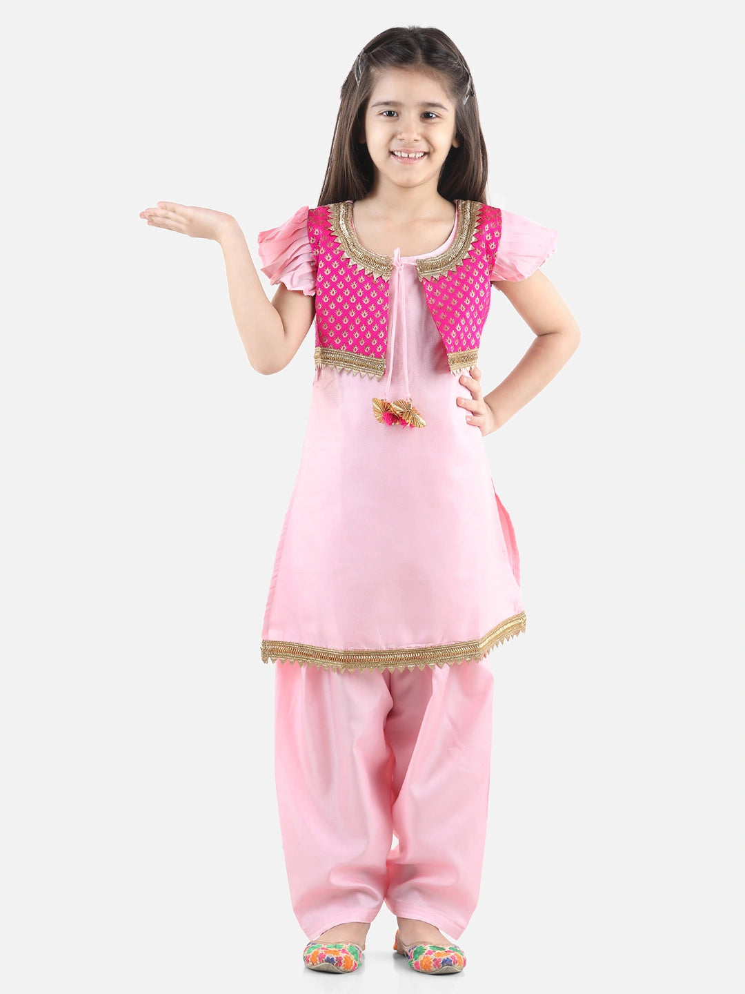 BownBee Short Sleeves Kurta With Attached Jacquard Jacket & Salwar