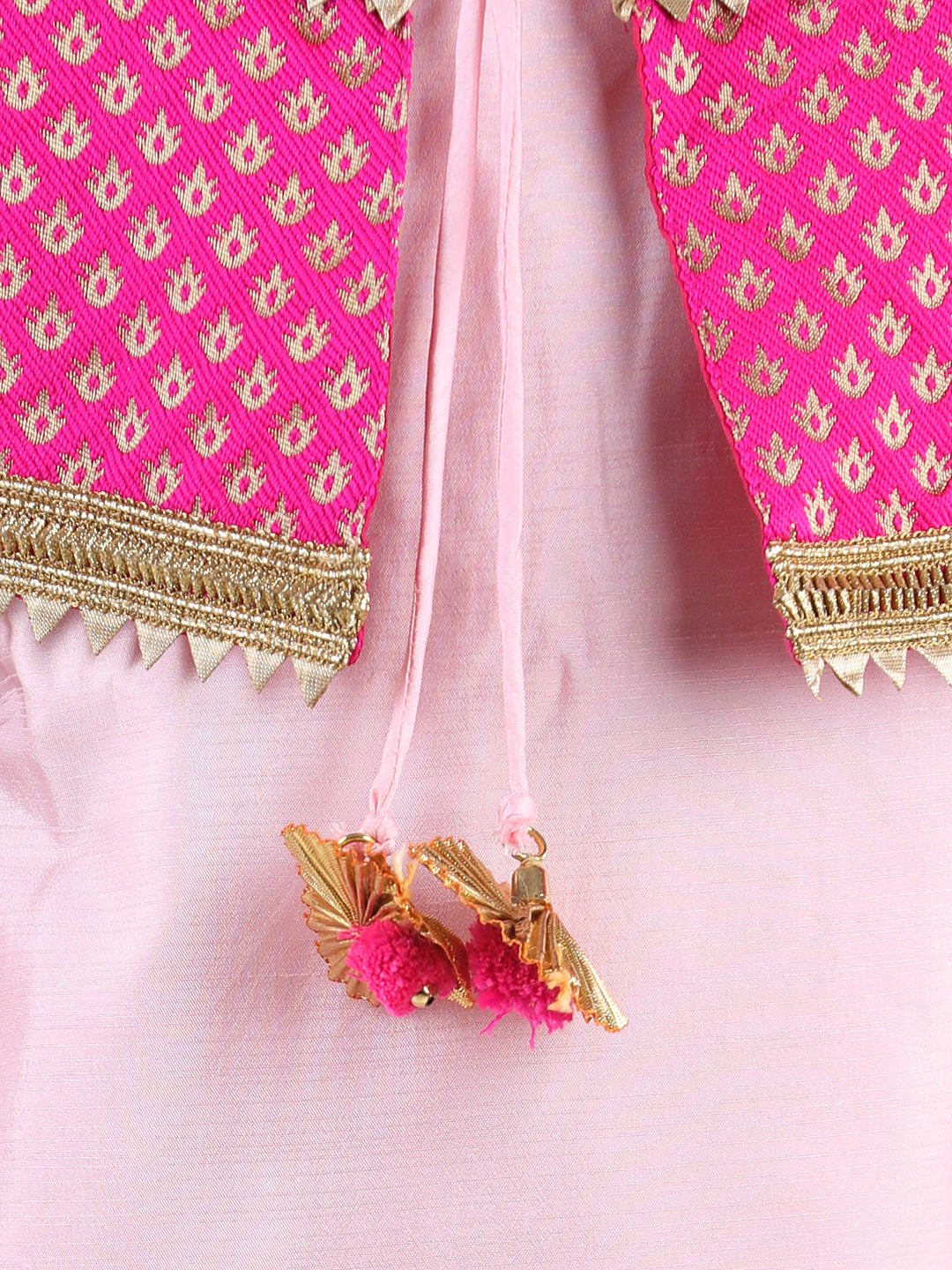 BownBee Short Sleeves Kurta With Attached Jacquard Jacket & Salwar-Pink