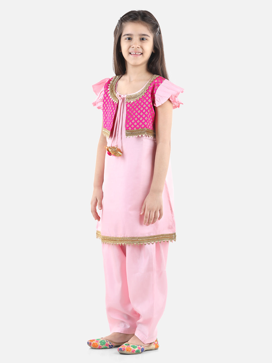 BownBee Short Sleeves Kurta With Attached Jacquard Jacket & Salwar-Pink