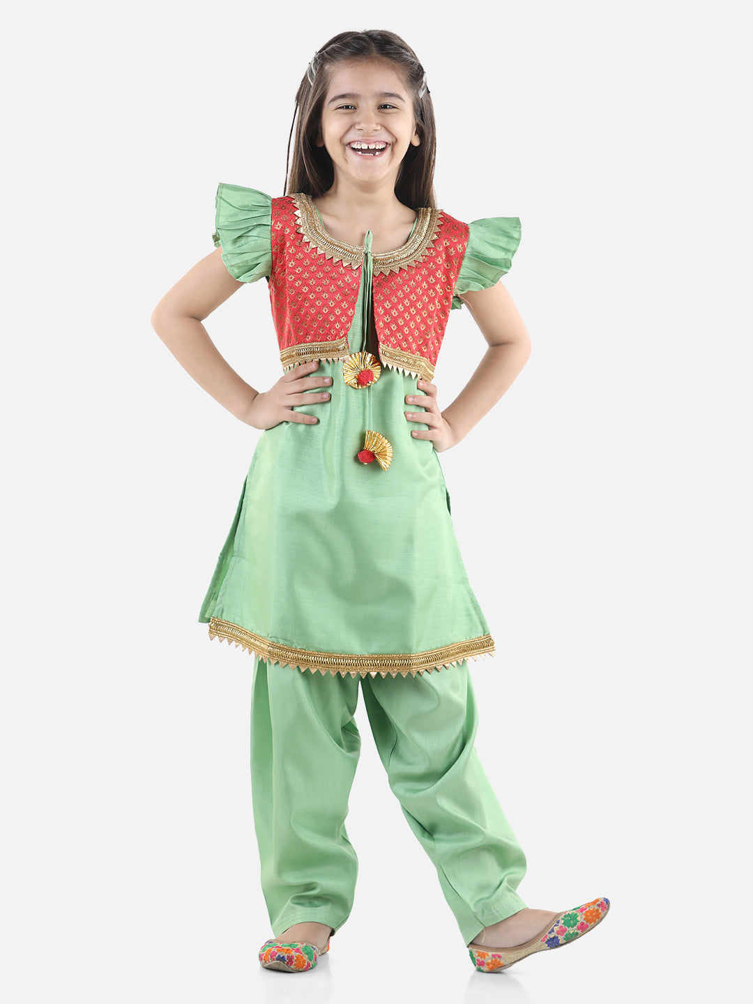 BownBee Jacquard Jacket Silk Kurti Salwar Suit for Girls- Green