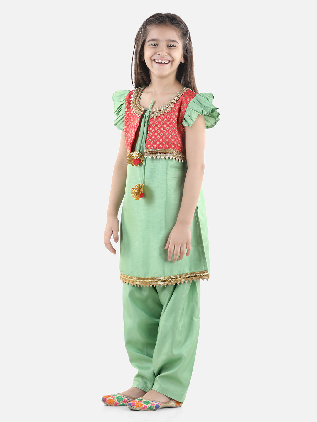 BownBee Jacquard Jacket Silk Kurti Salwar Suit for Girls- Green