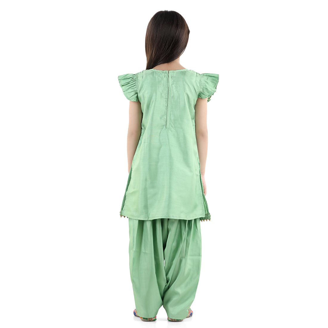 BownBee Jacquard Jacket Silk Kurti Salwar Suit for Girls- Green