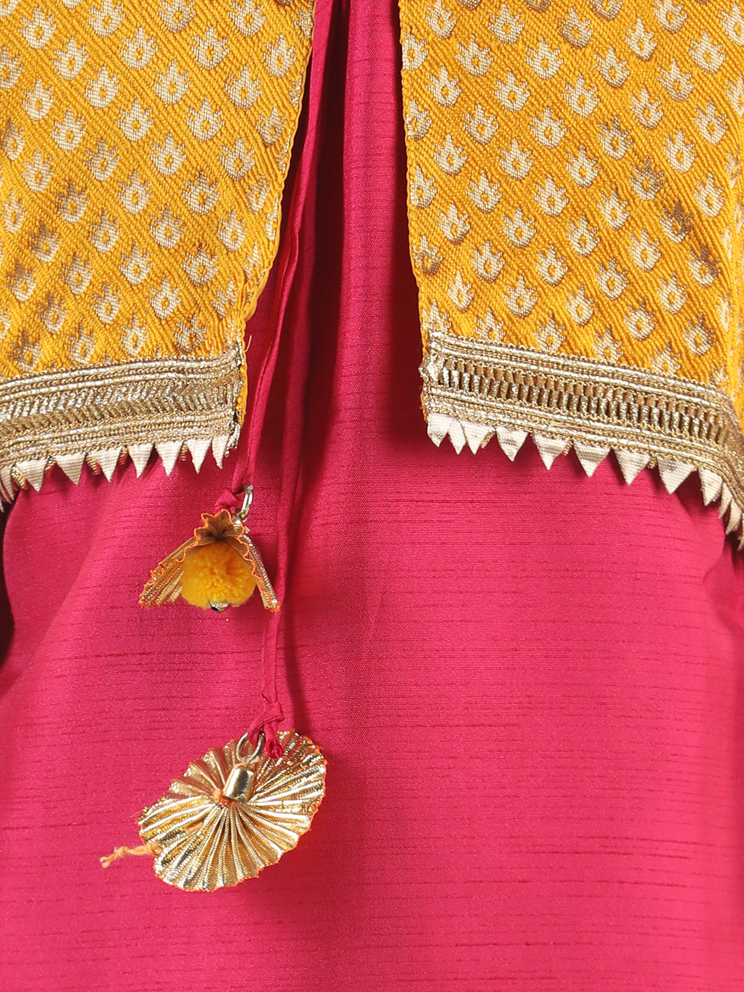 BownBee Short Sleeves Kurta With Brocade Attached Jacket & Salwar - Pink