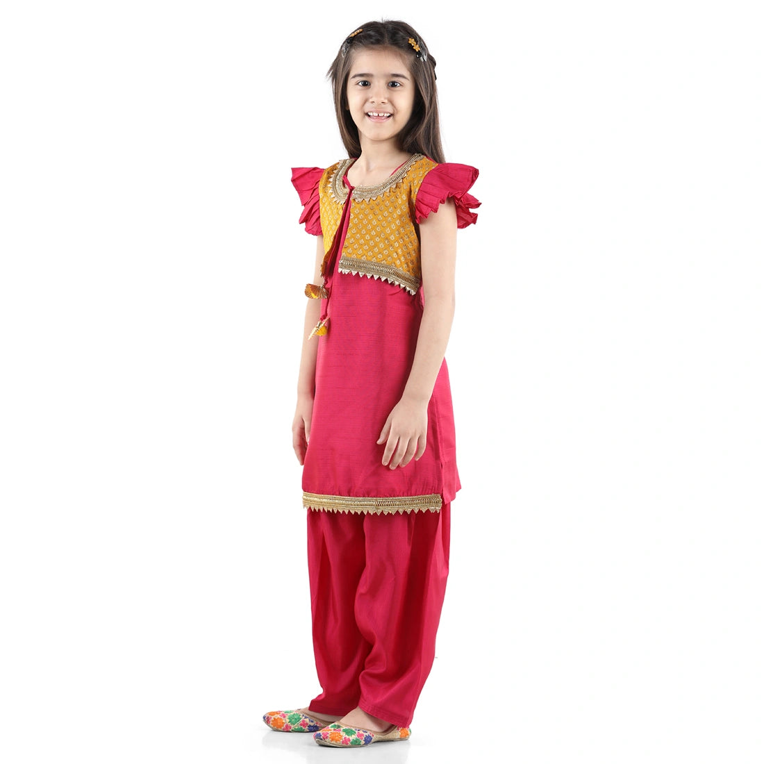 BownBee Short Sleeves Kurta With Brocade Attached Jacket & Salwar