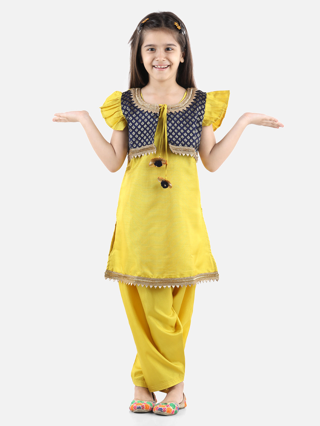 BownBee Short Sleeves Kurta With Brocade Attached Jacket & Salwar - Yellow