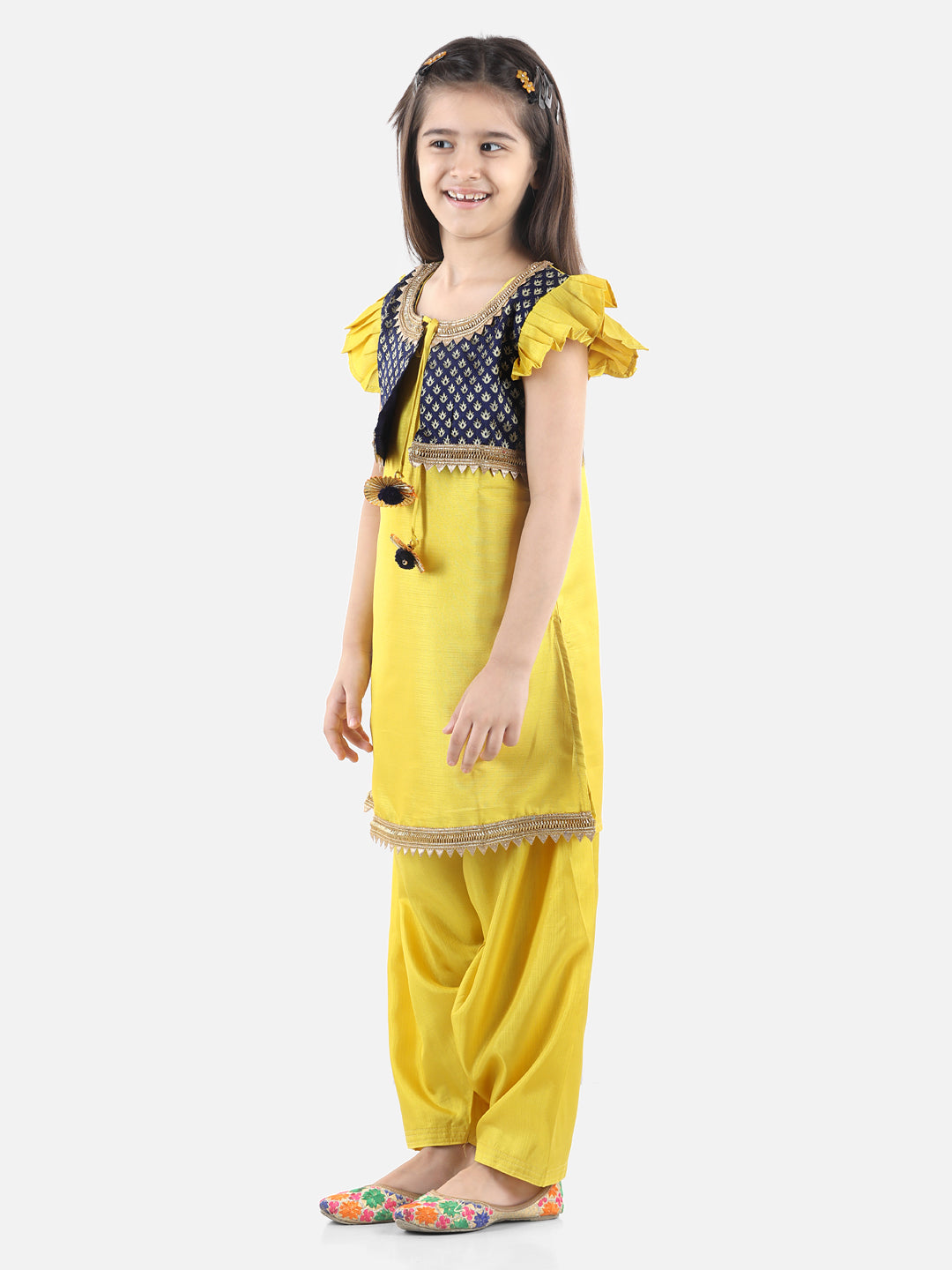 BownBee Short Sleeves Kurta With Brocade Attached Jacket & Salwar - Yellow