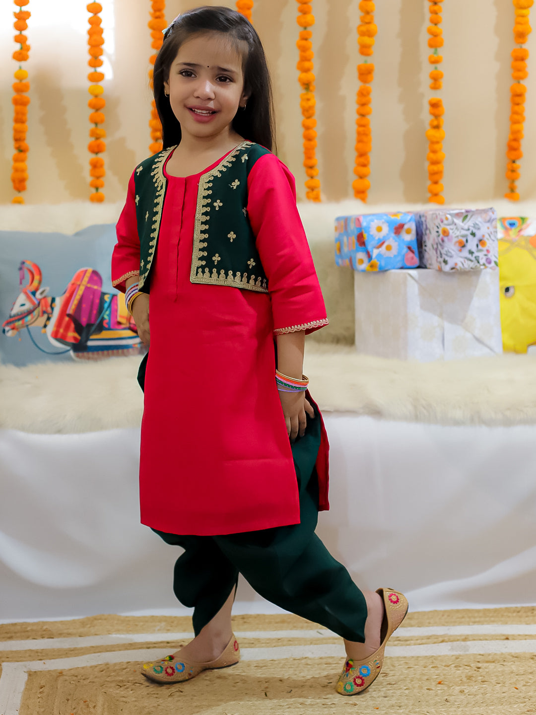 BownBee Sibling Set Embroidered Attached Jacket Kurta Pajama with Attached Jacket Kurti Dhoti- Green