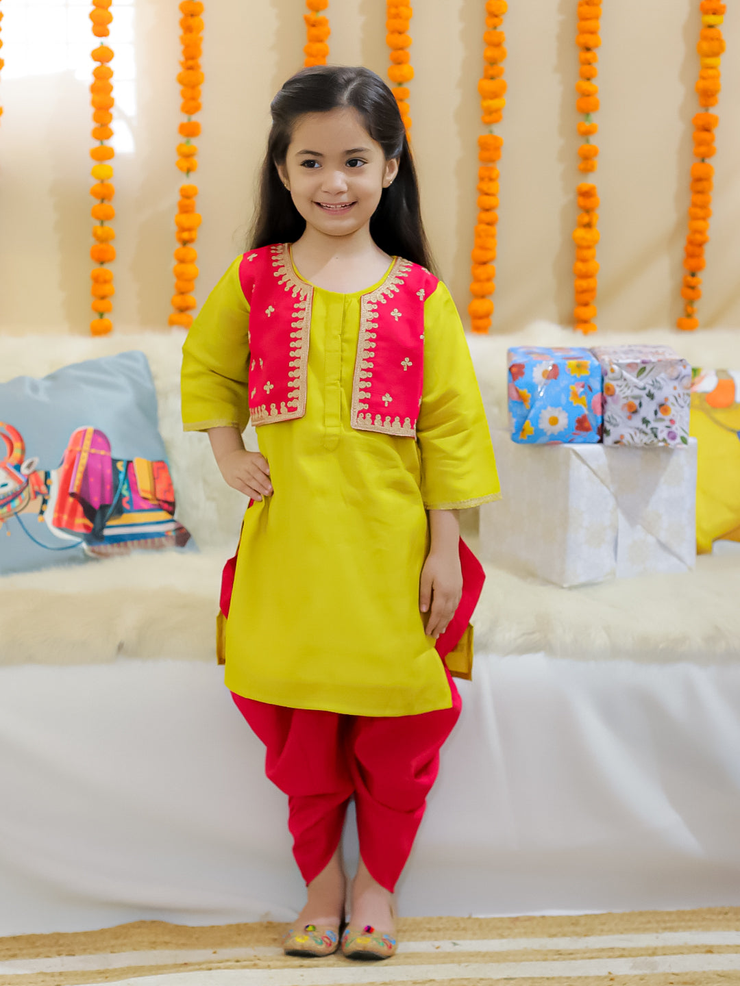 BownBee Sibling Set Embroidered Attached Jacket Kurta Pajama with Attached Jacket Kurti Dhoti