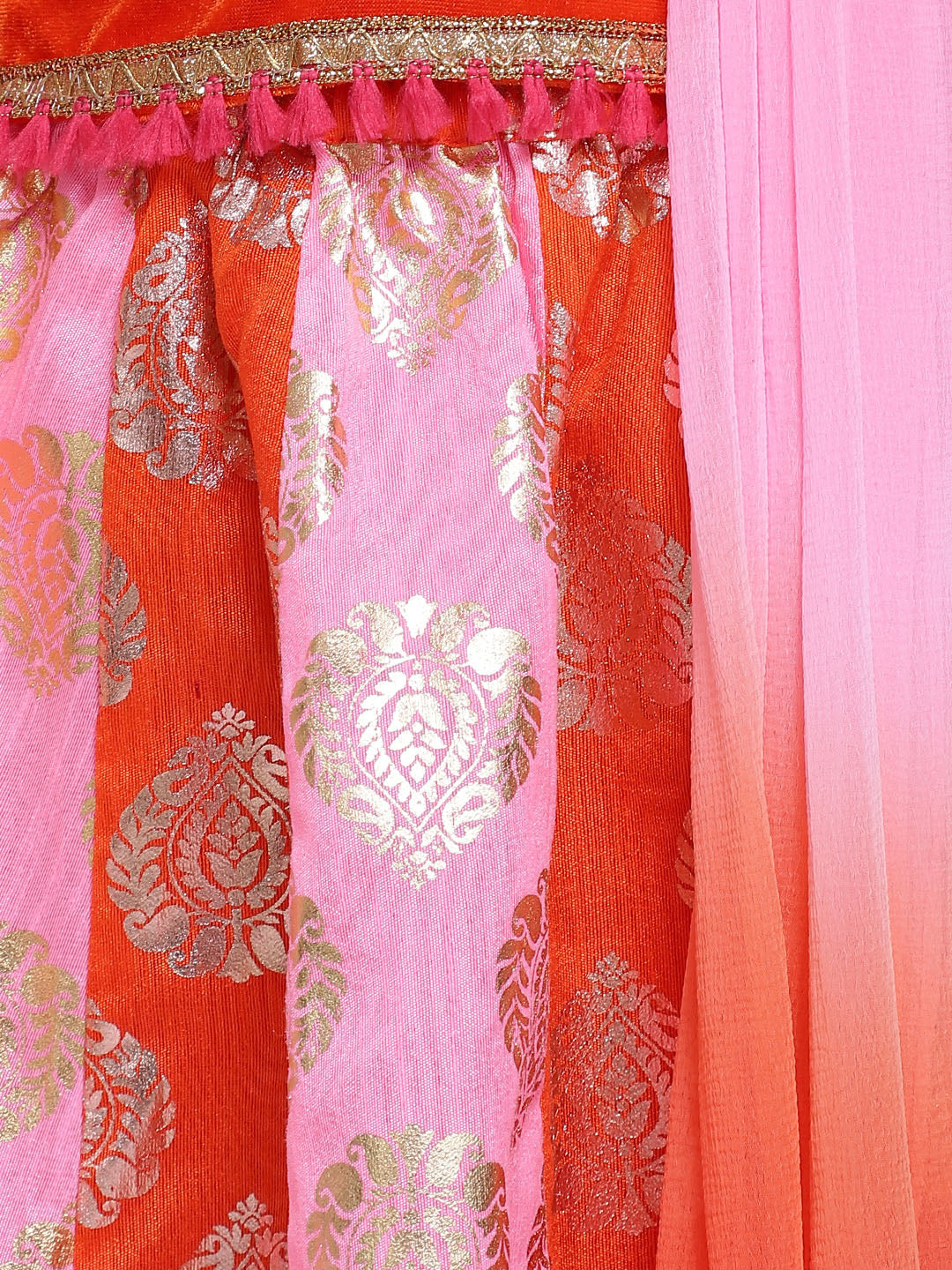 BownBee Full Sleeves Choli With Foil Print Lehenga & Dupatta Set - Orange