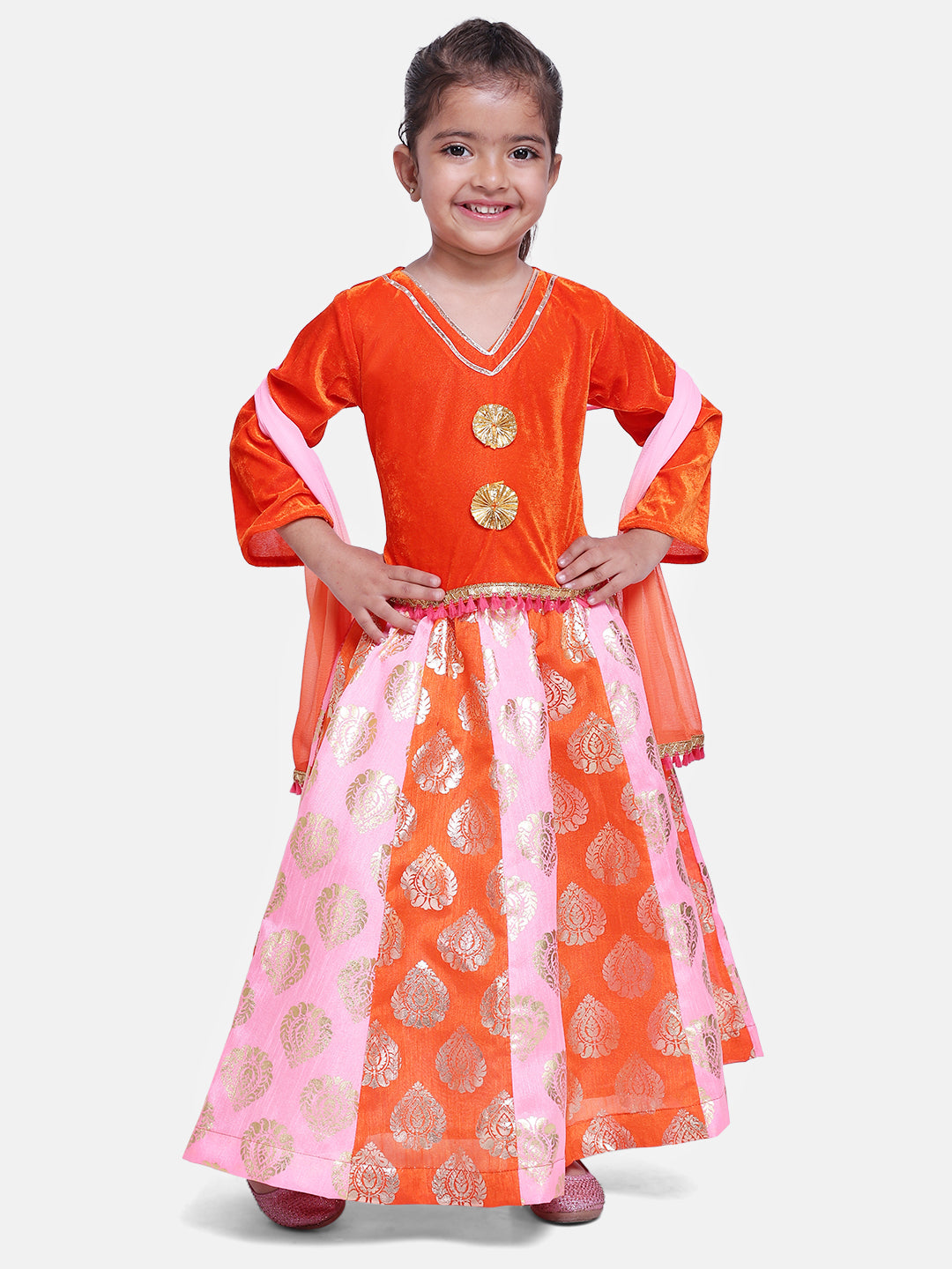BownBee Full Sleeves Choli With Foil Print Lehenga & Dupatta Set - Orange