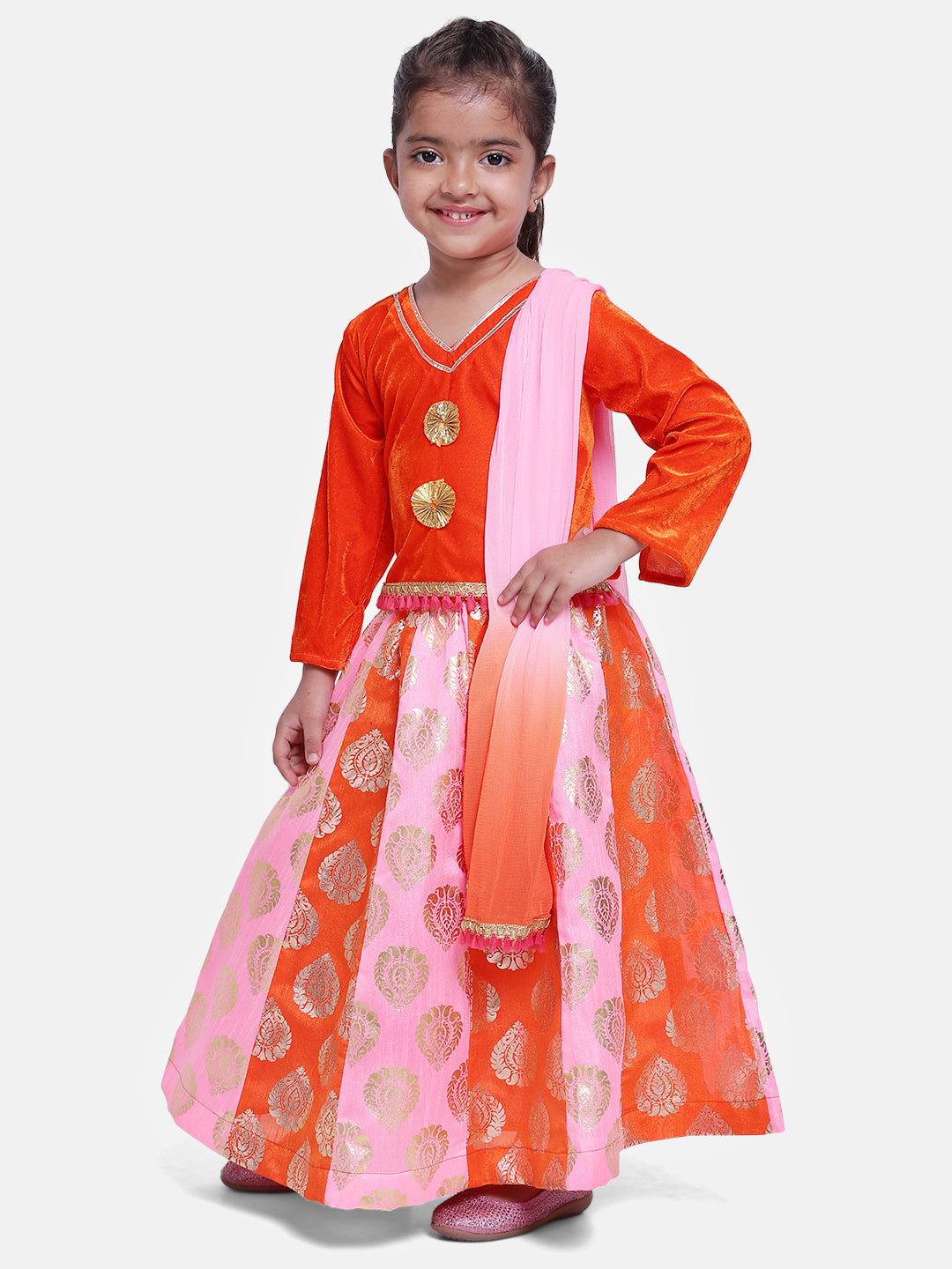 BownBee Full Sleeves Choli With Foil Print Lehenga & Dupatta Set - Orange