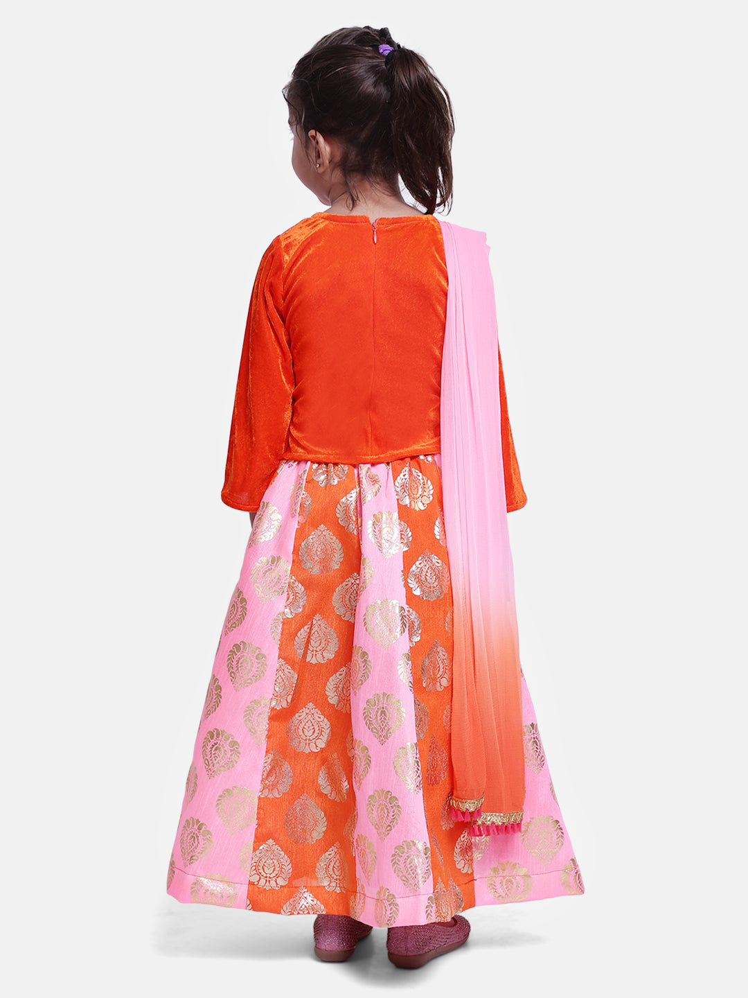 BownBee Full Sleeves Choli With Foil Print Lehenga & Dupatta Set - Orange