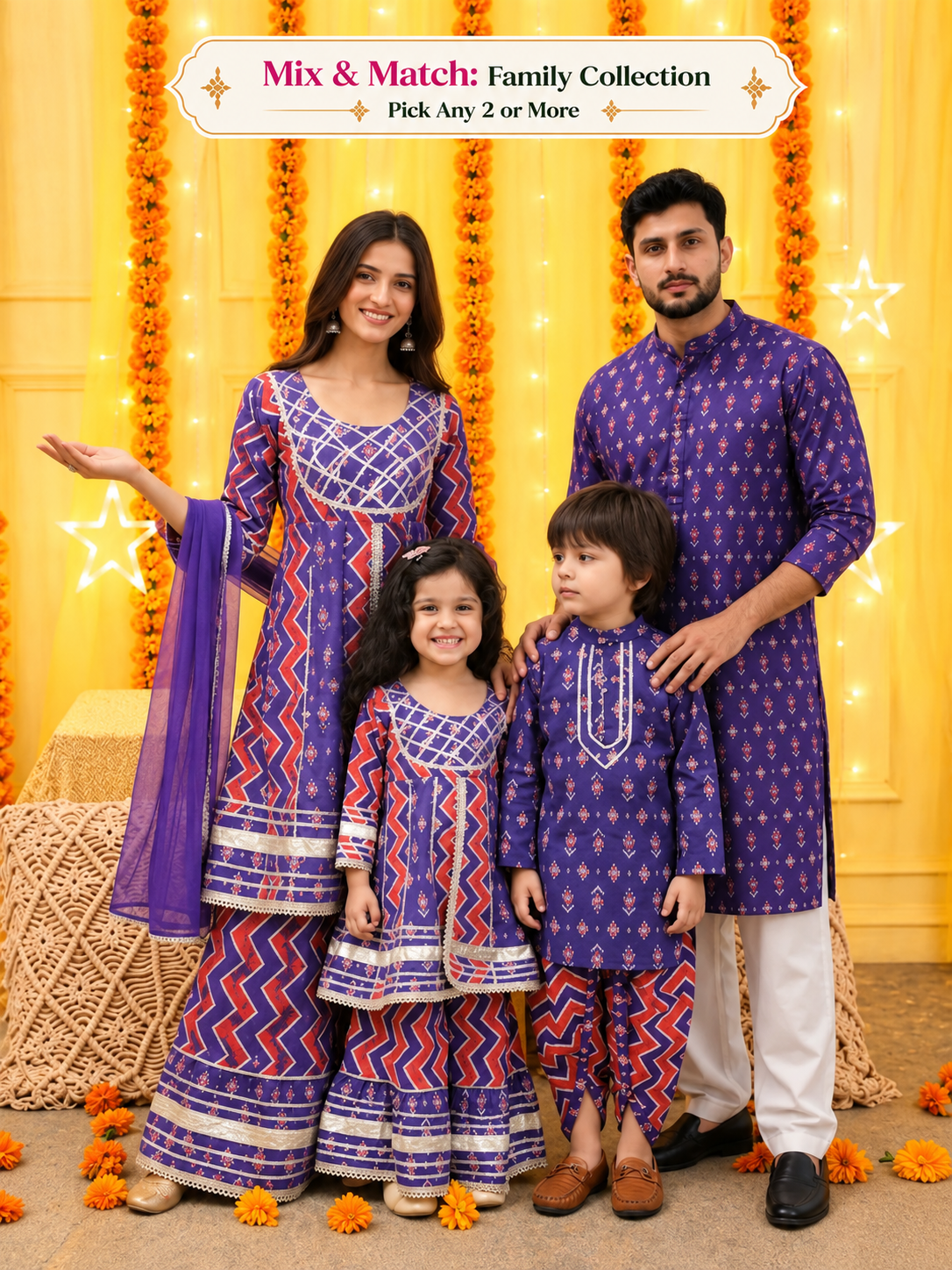 BownBee Pure Cotton Purple Geometric Print Family Matching Ethnic Combo Set