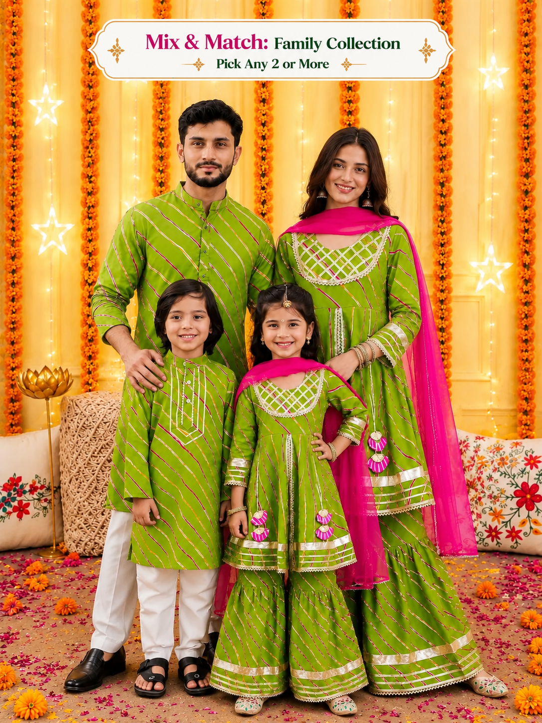 BownBee Saawan Leher Pure Cotton Family Matching Ethnic Combo Set
