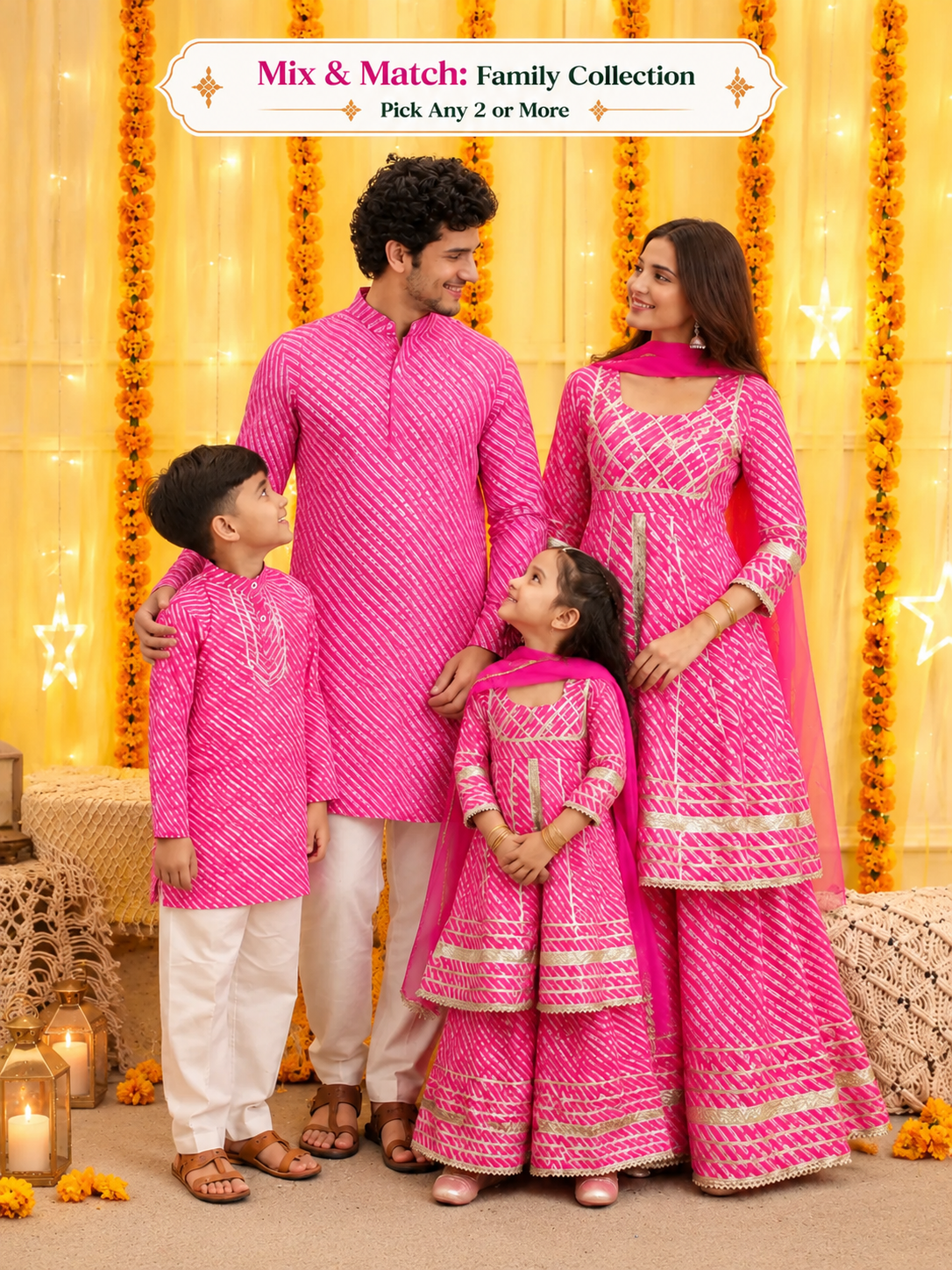BownBee Pure Cotton Rani Leher Family Matching Ethnic Combo Set