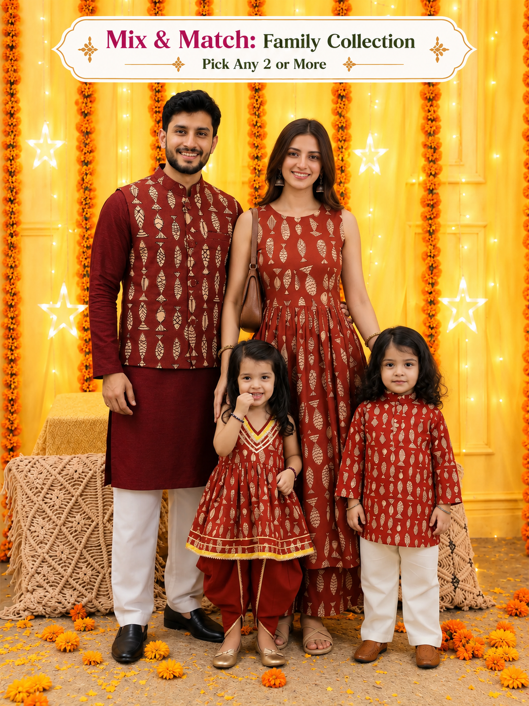 BownBee Pure Cotton Matsya Milan Family Matching Ethnic Combo Set