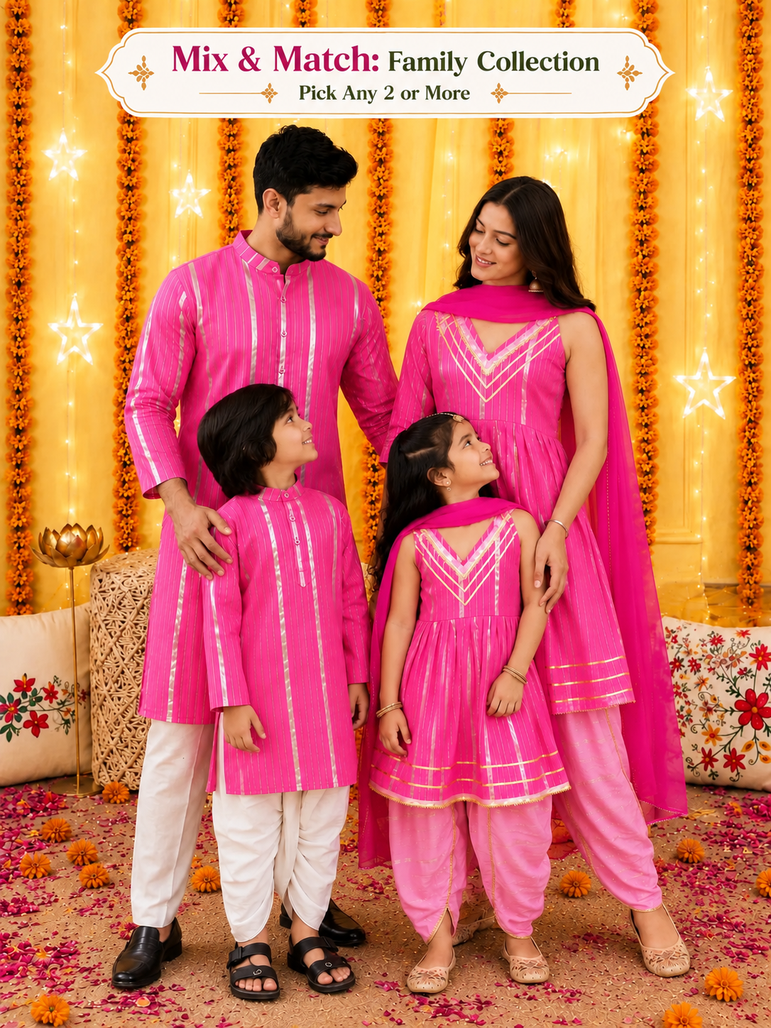 BownBee Gulabi Noor Lurex Striped Family Matching Ethnic Combo Set