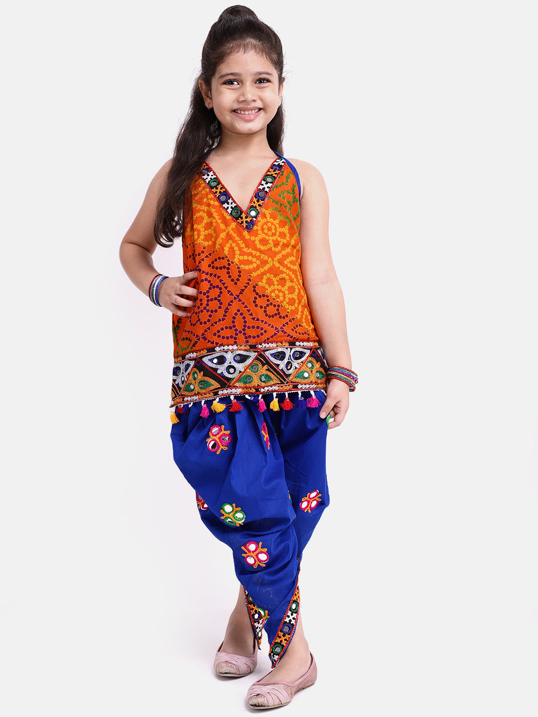 BownBee Printed Navratri Kedia Dhoti with Cap and Bandhani Halter Top With Embroidery Dhoti-Blue