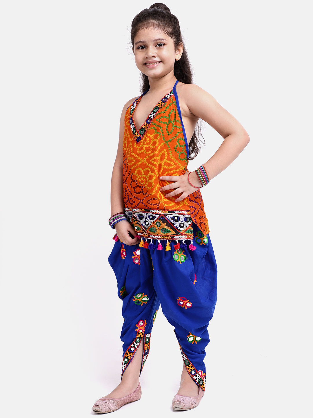 BownBee Printed Navratri Kedia Dhoti with Cap and Bandhani Halter Top With Embroidery Dhoti-Blue