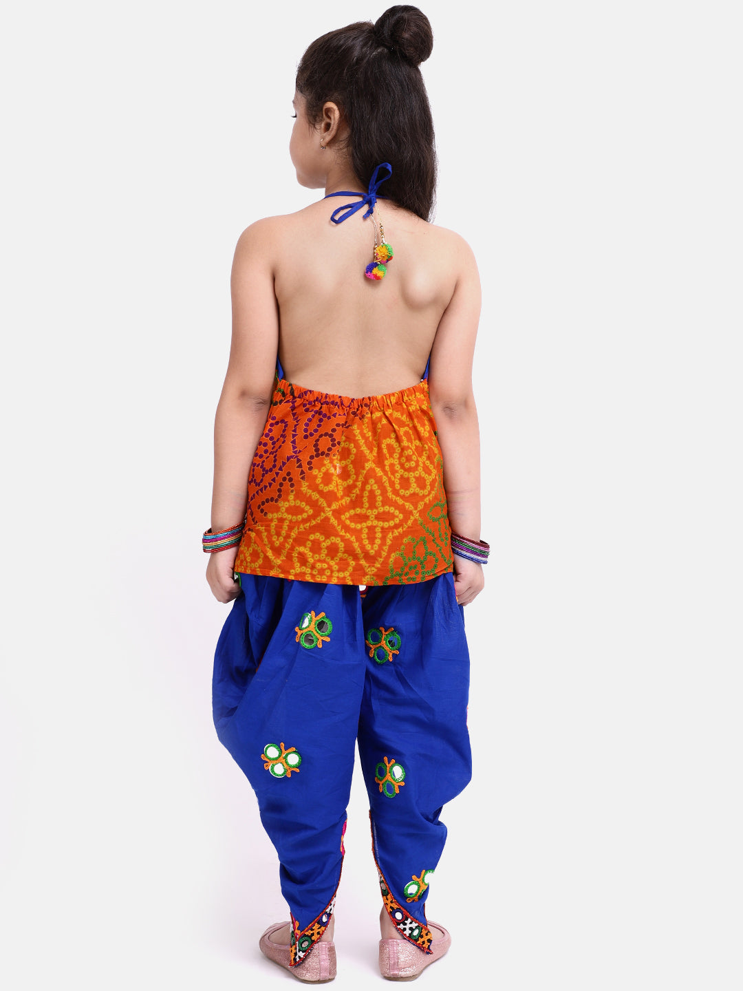 BownBee Printed Navratri Kedia Dhoti with Cap and Bandhani Halter Top With Embroidery Dhoti-Blue