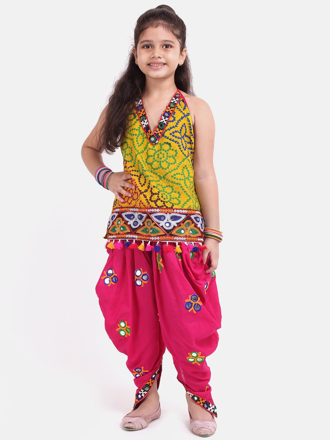 BownBee Printed Navratri Kedia Dhoti and Bandhani Halter Top With Embroidery Dhoti- Pink