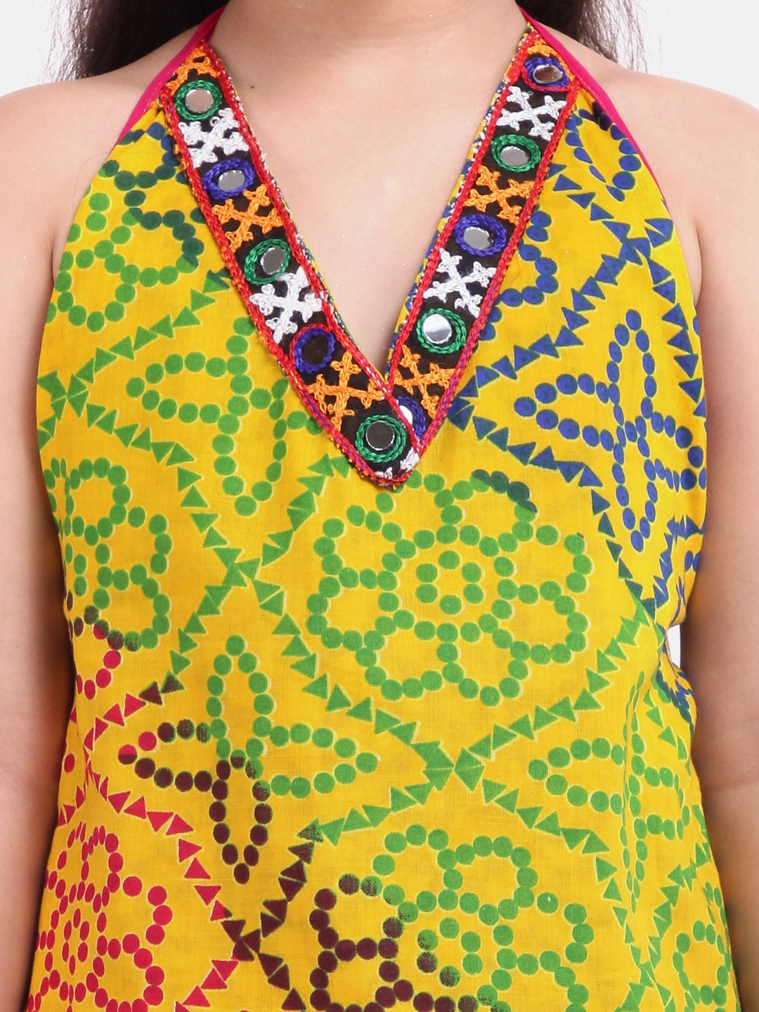 BownBee Bandhani Halter Top With Embroidered Dhoti