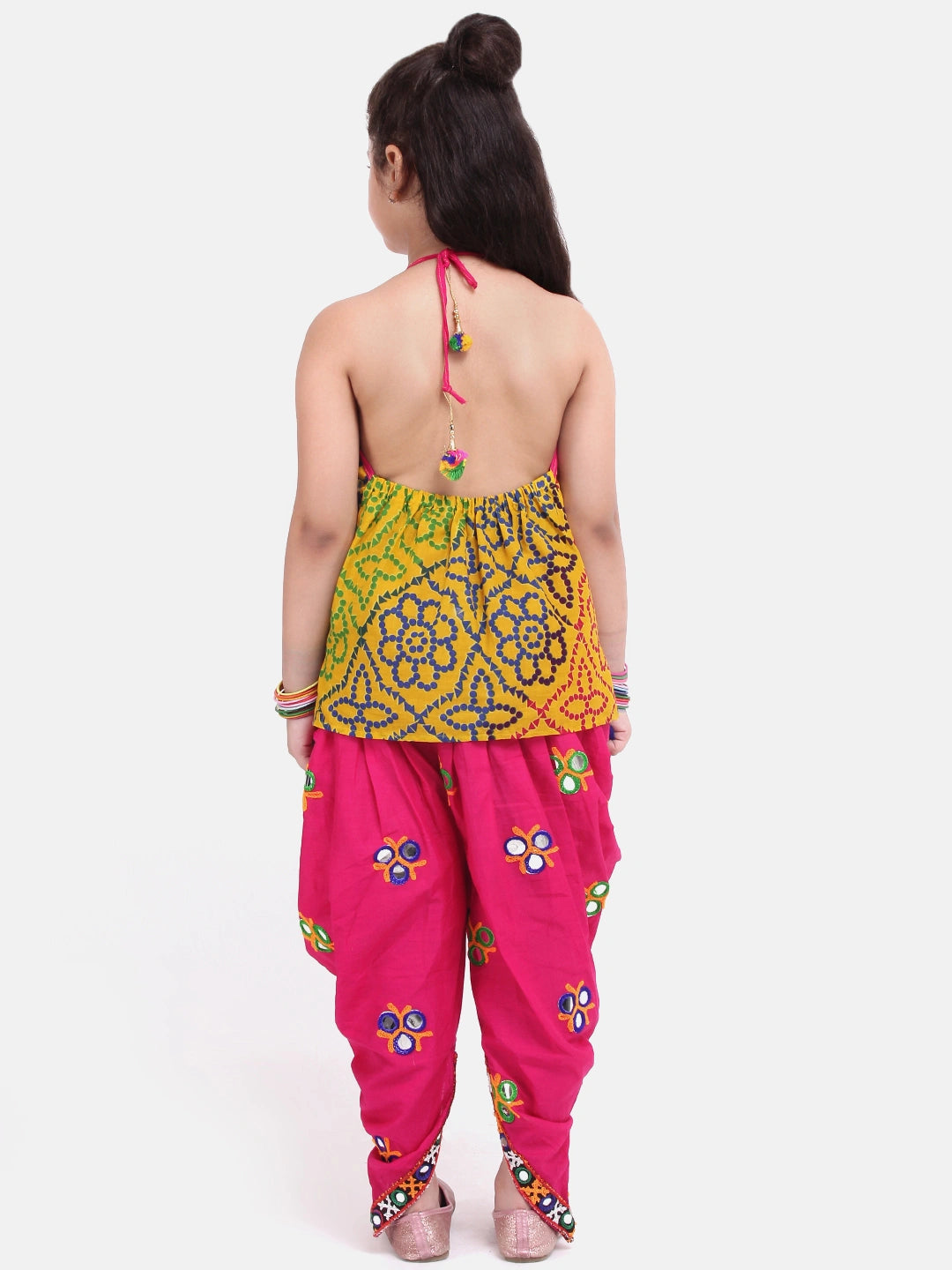 BownBee Bandhani Halter Top With Embroidered Dhoti
