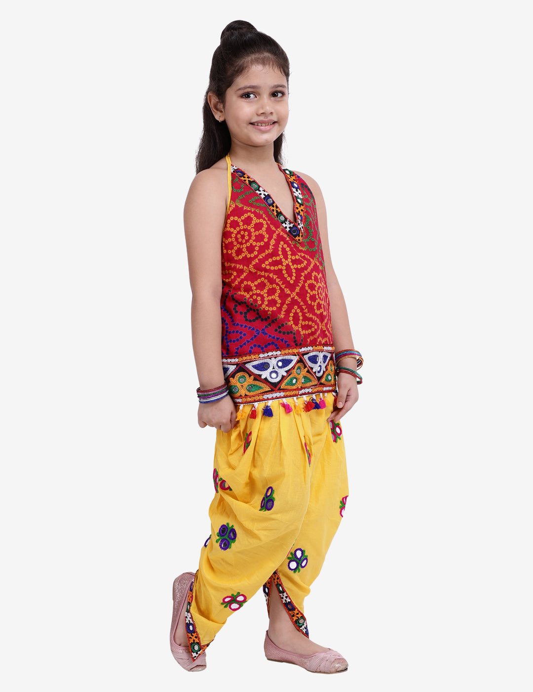 BownBee Sibling Janmasthmi Embroidery Bandhani Halter Top With Dhoti and Printed Navratri Kedia Dhoti - Yellow