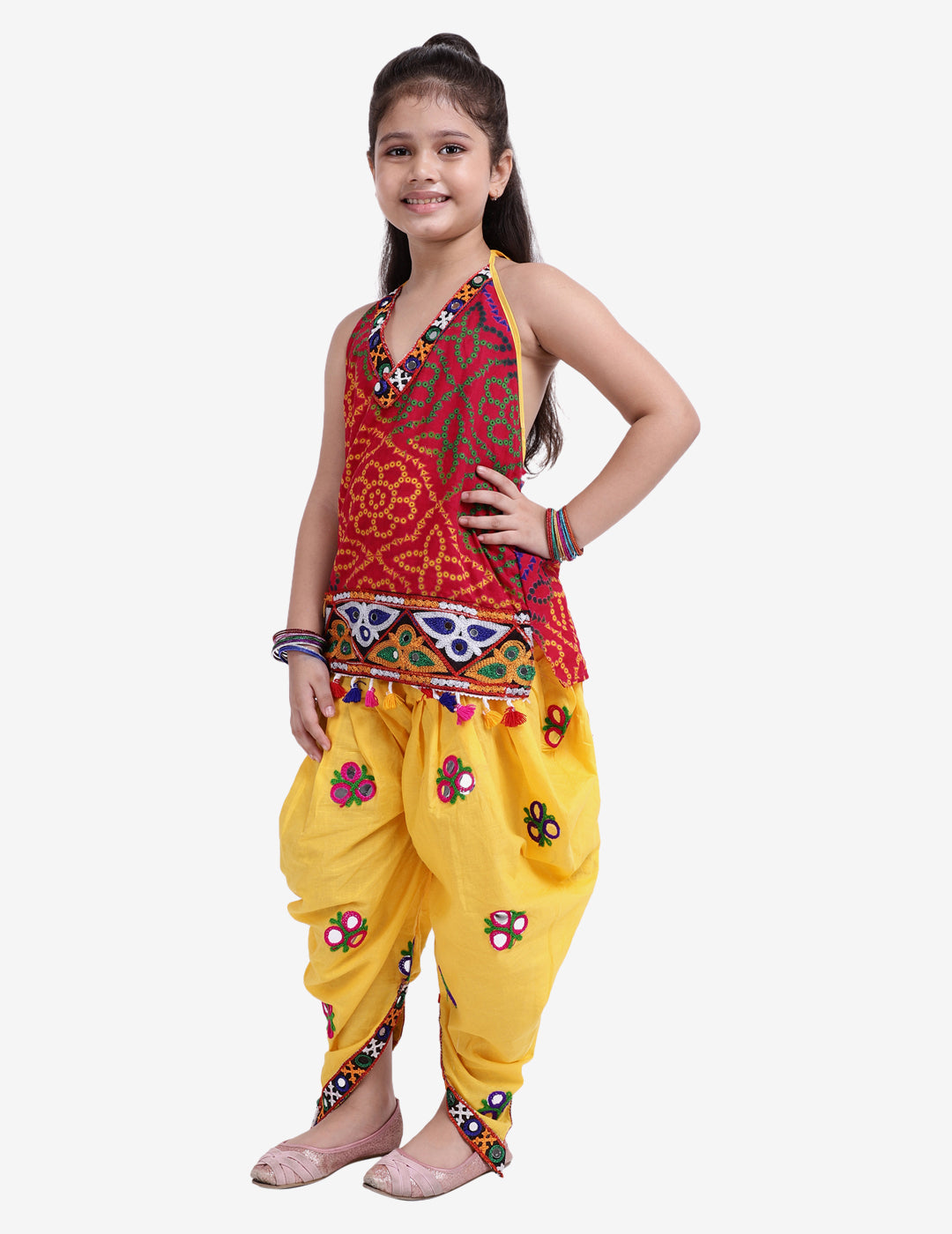 BownBee Sibling Janmasthmi Embroidery Bandhani Halter Top With Dhoti and Printed Navratri Kedia Dhoti - Yellow