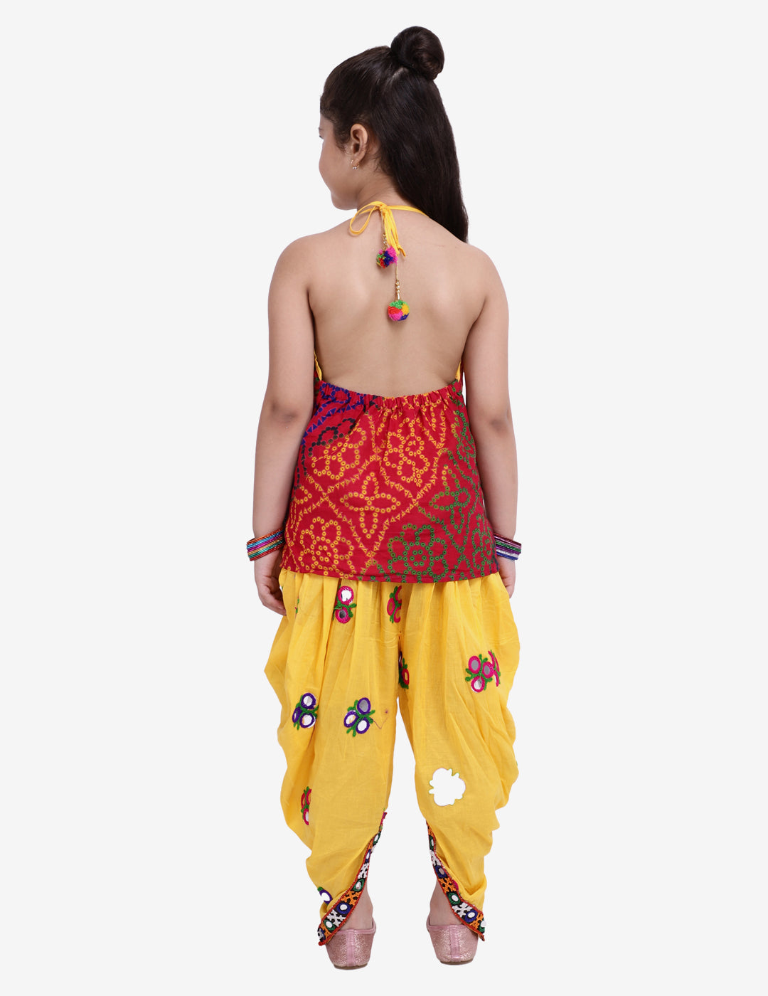 BownBee Sibling Janmasthmi Embroidery Bandhani Halter Top With Dhoti and Printed Navratri Kedia Dhoti - Yellow