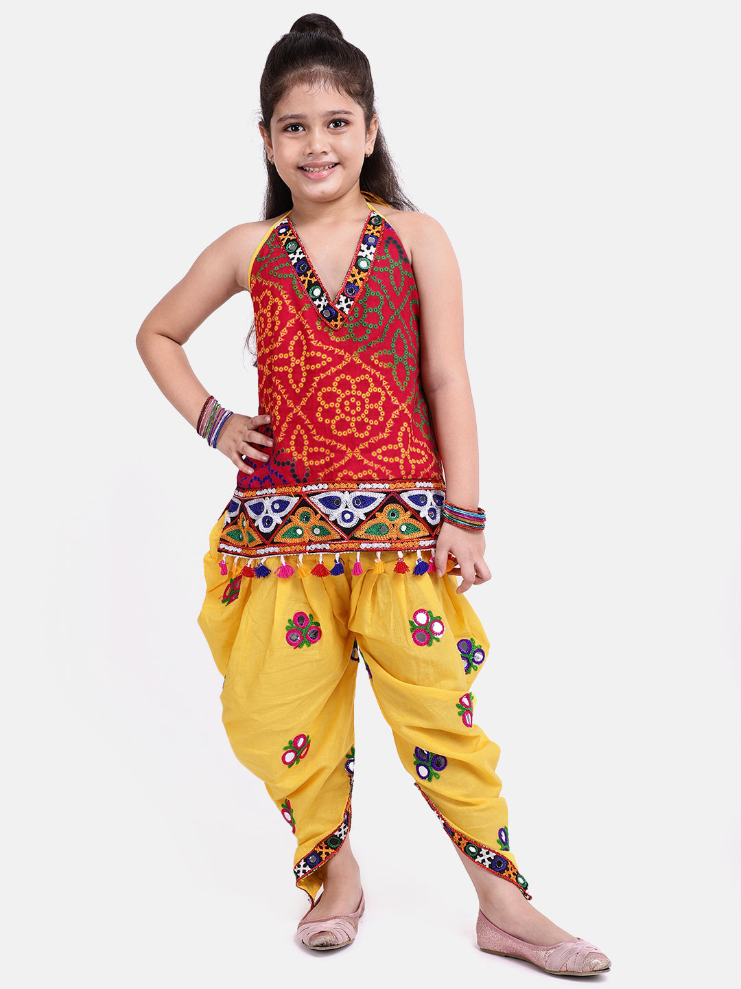 BownBee Sibling Janmasthmi Embroidery Bandhani Halter Top With Dhoti and Printed Navratri Kedia Dhoti - Yellow