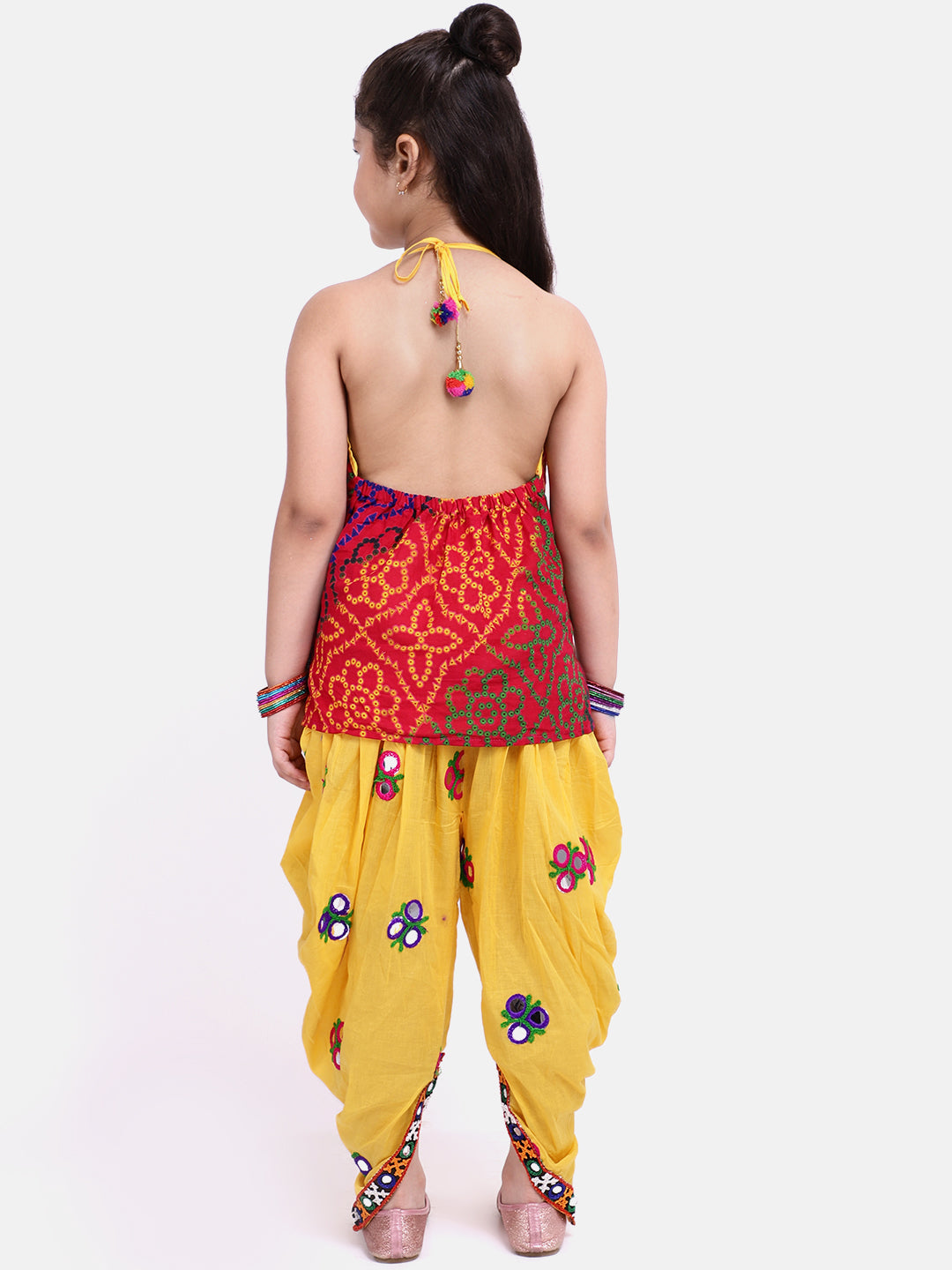 BownBee Sibling Janmasthmi Embroidery Bandhani Halter Top With Dhoti and Printed Navratri Kedia Dhoti - Yellow