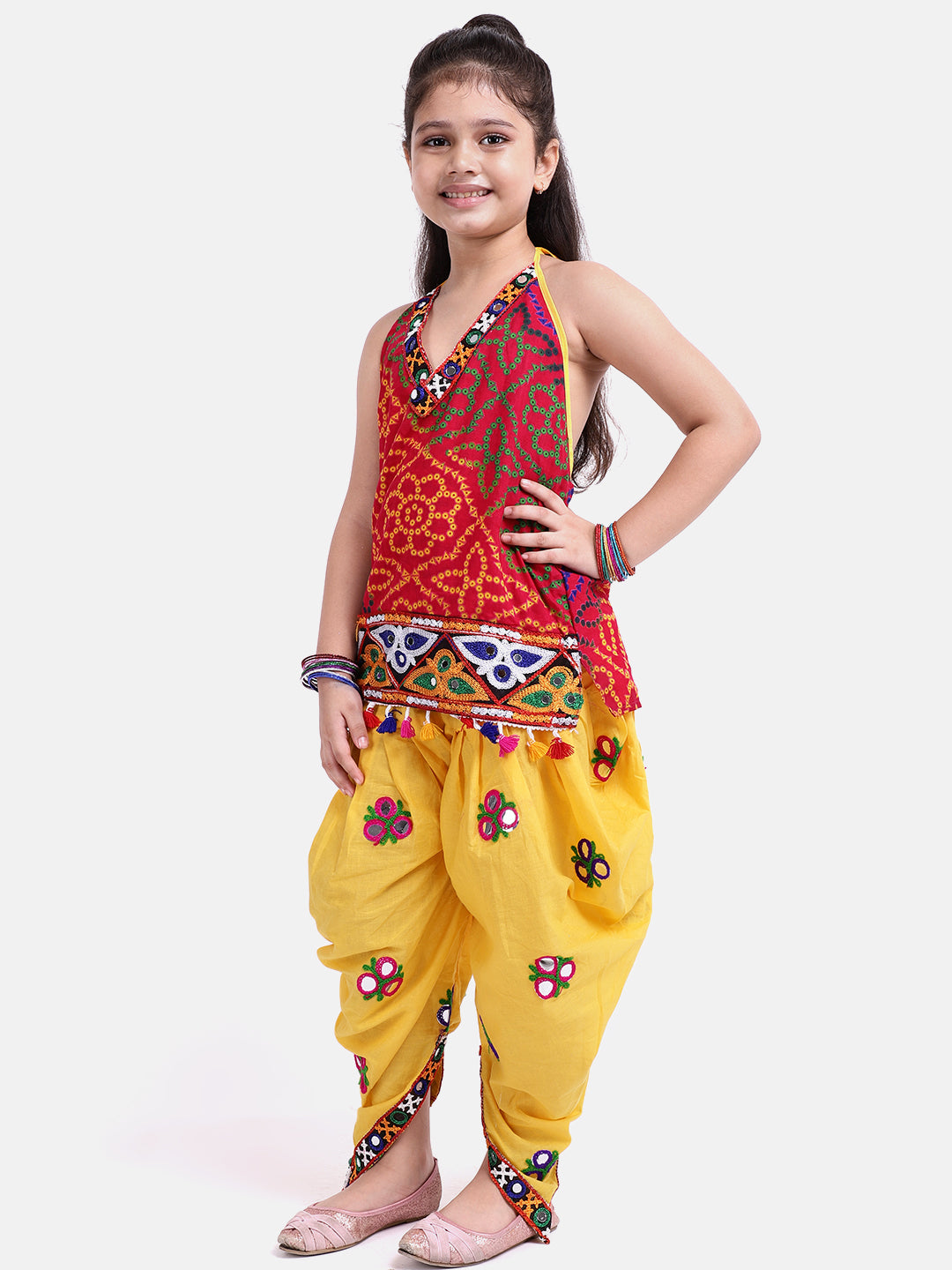 BownBee Sibling Janmasthmi Embroidery Bandhani Halter Top With Dhoti and Printed Navratri Kedia Dhoti - Yellow