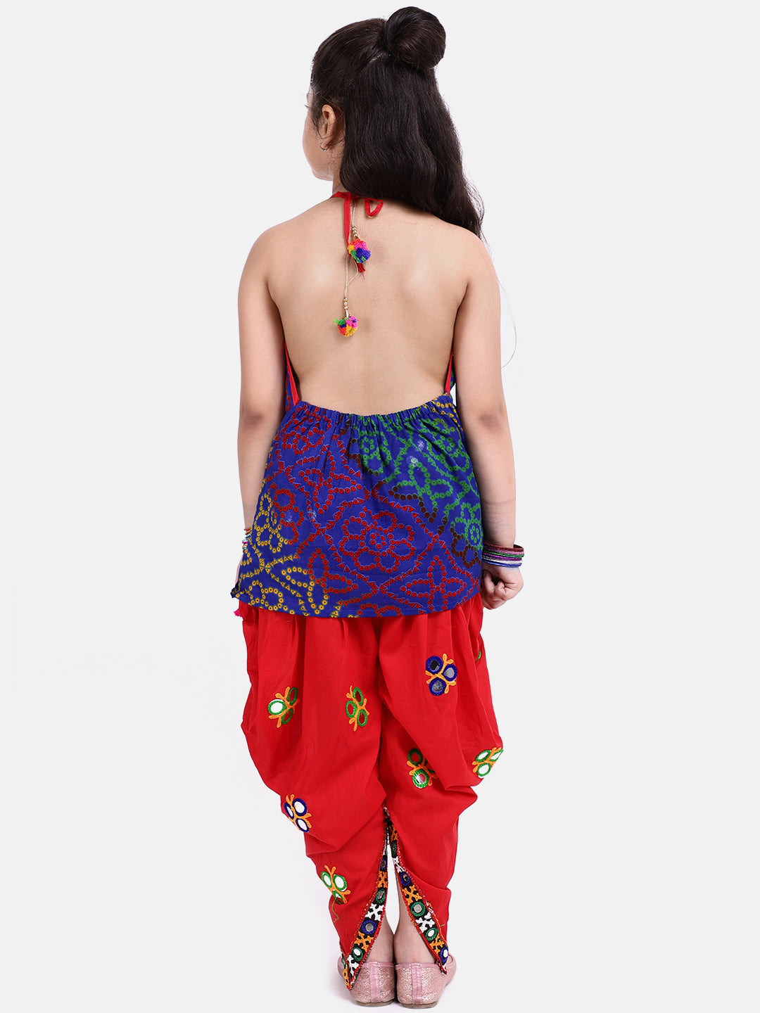 BownBee Printed Navratri Kedia Dhoti and Bandhani Halter Top With Embroidery Dhoti-Blue