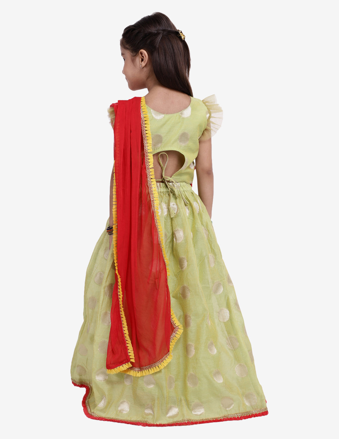 BownBee Chanderi Brocade Butti Work With Tassel Detailing Lehenga With Sleeveless Choli & Dupatta - Green