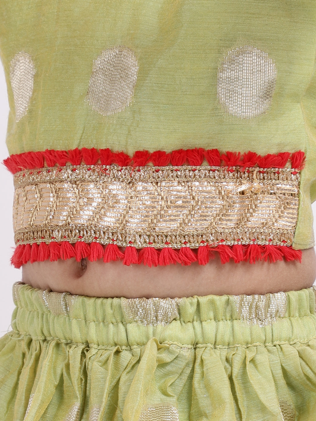 BownBee Chanderi Brocade Butti Work With Tassel Detailing Lehenga With Sleeveless Choli & Dupatta - Green