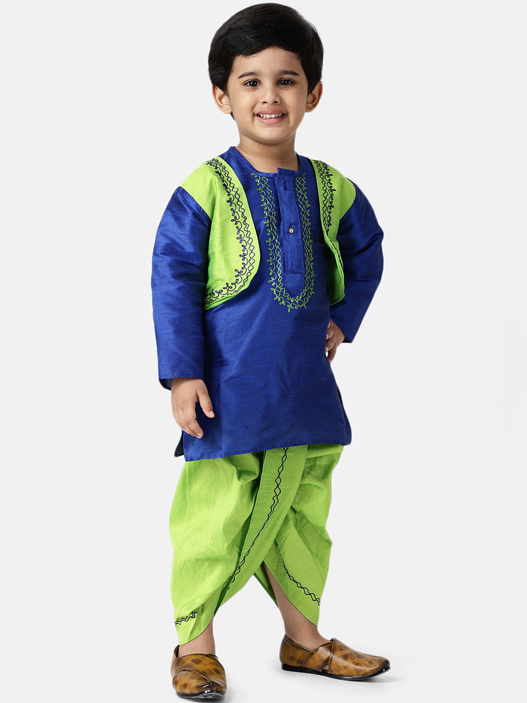 BownBee Full Sleeves Kurta With Attached Embroidered Jacket & Dhoti - Blue