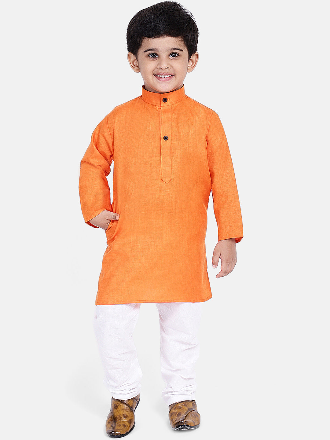 BownBee Boys Solid Full Sleeves Kurta and Pyjama Sets Orange