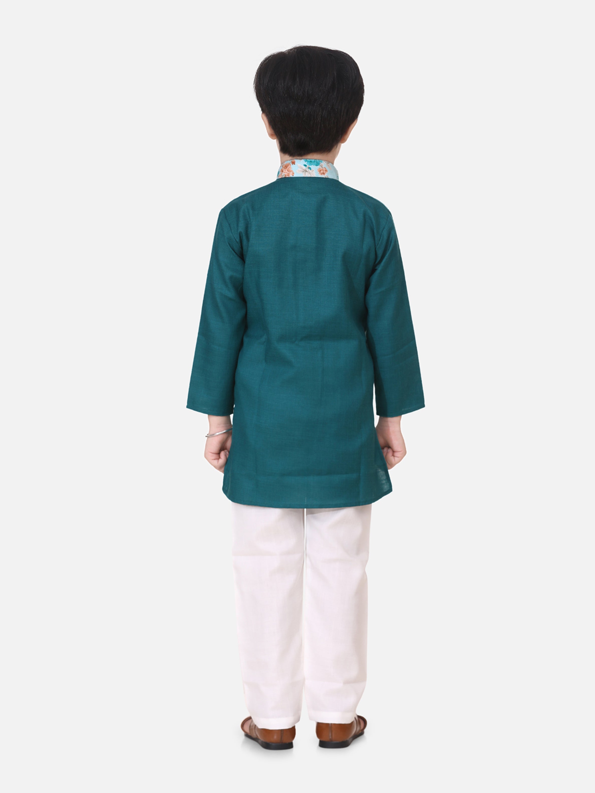 BownBee Attached Floral print Jacket Cotton Kurta Pajama For Boys-Green