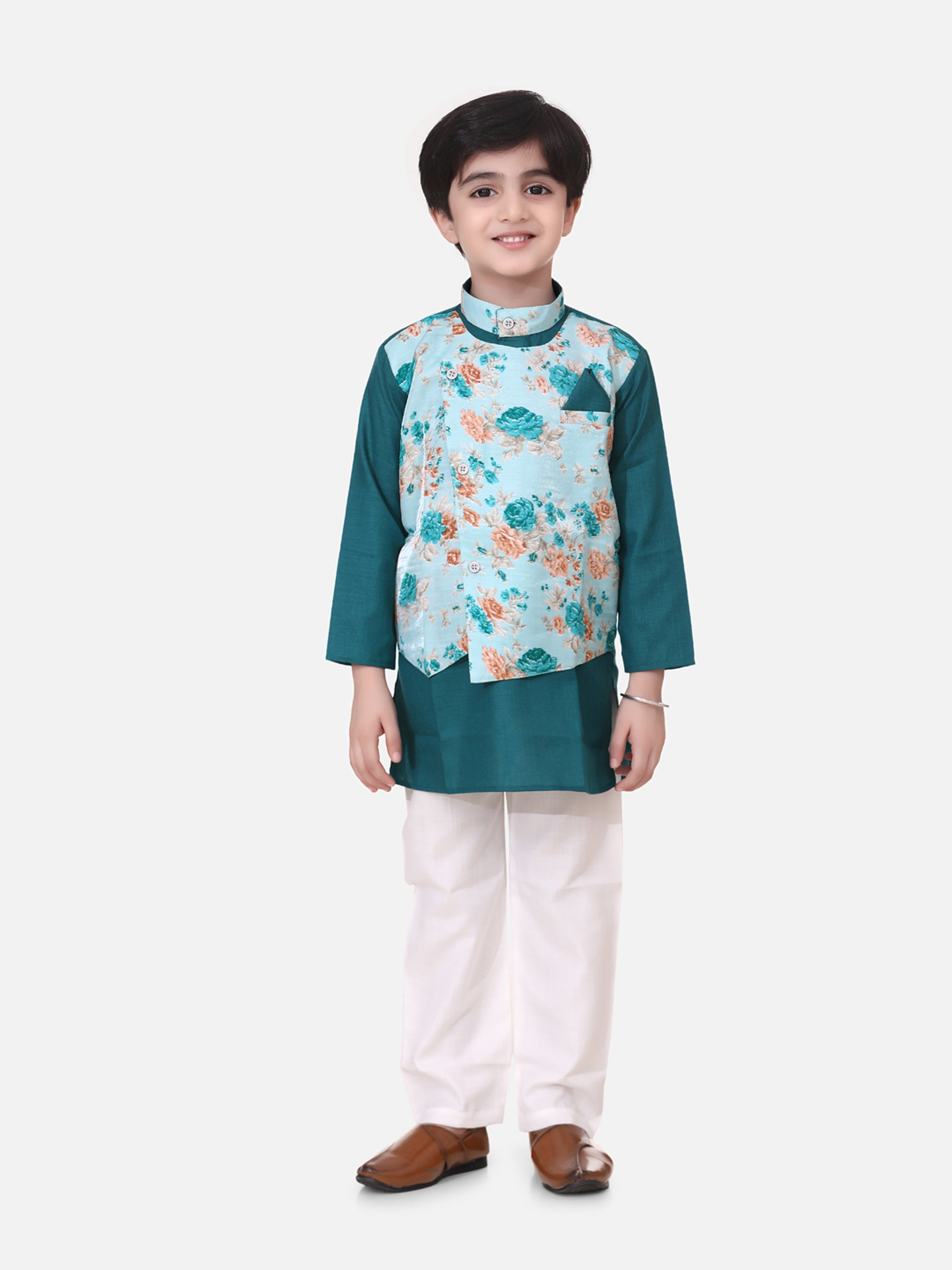 BownBee Attached Floral print Jacket Cotton Kurta Pajama For Boys-Green