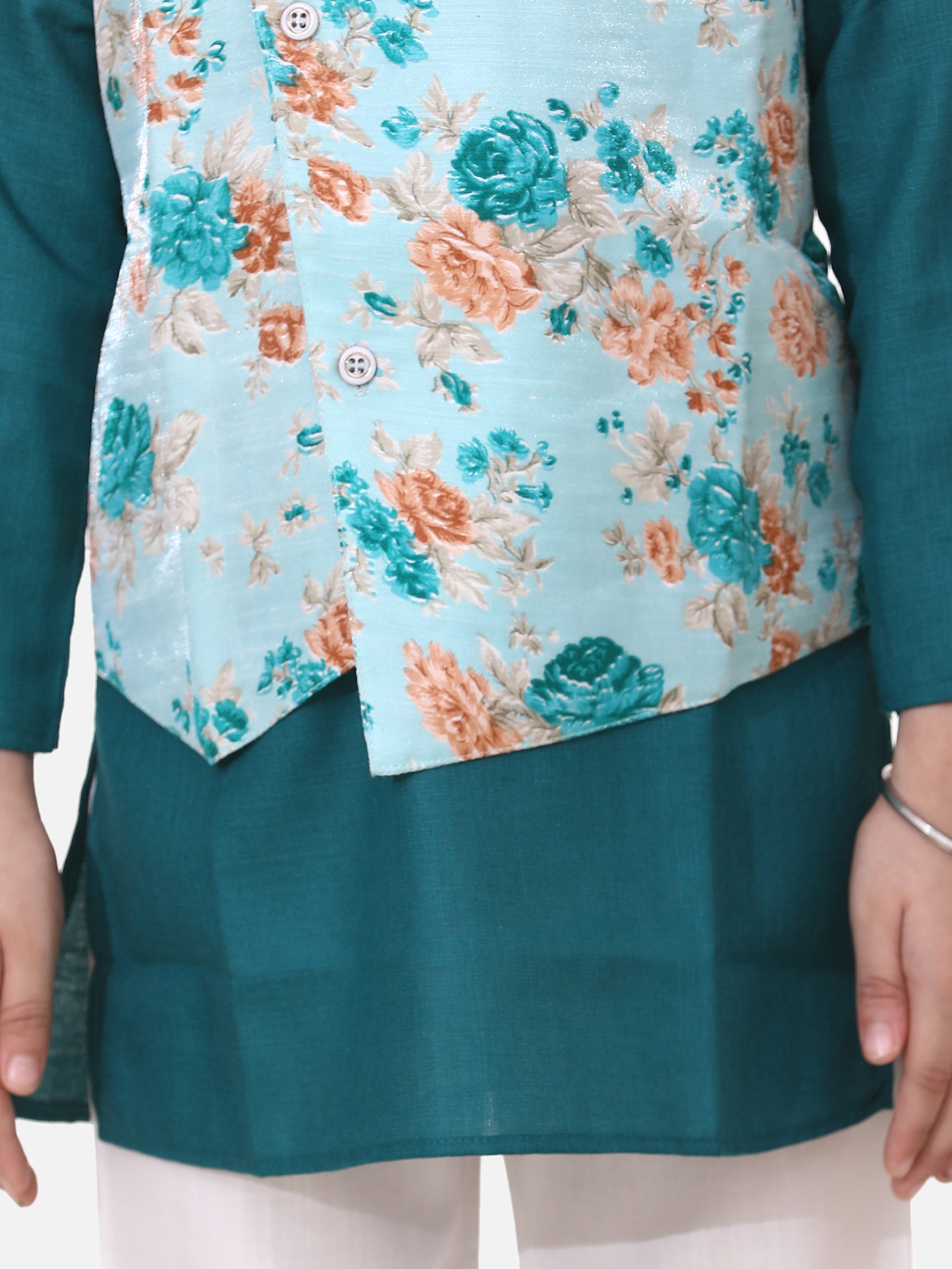 BownBee Attached Floral print Jacket Cotton Kurta Pajama For Boys - Green