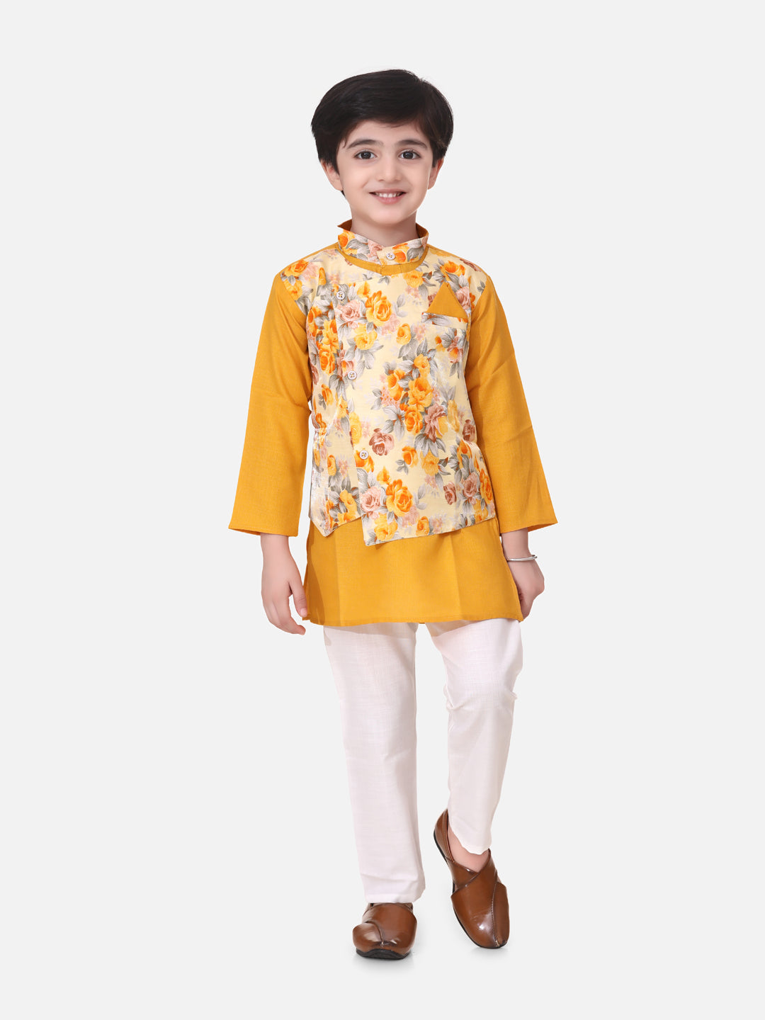 BownBee Full Sleeves Kurta With Attached Flower Printed Jacket and Pajama Sets Yellow