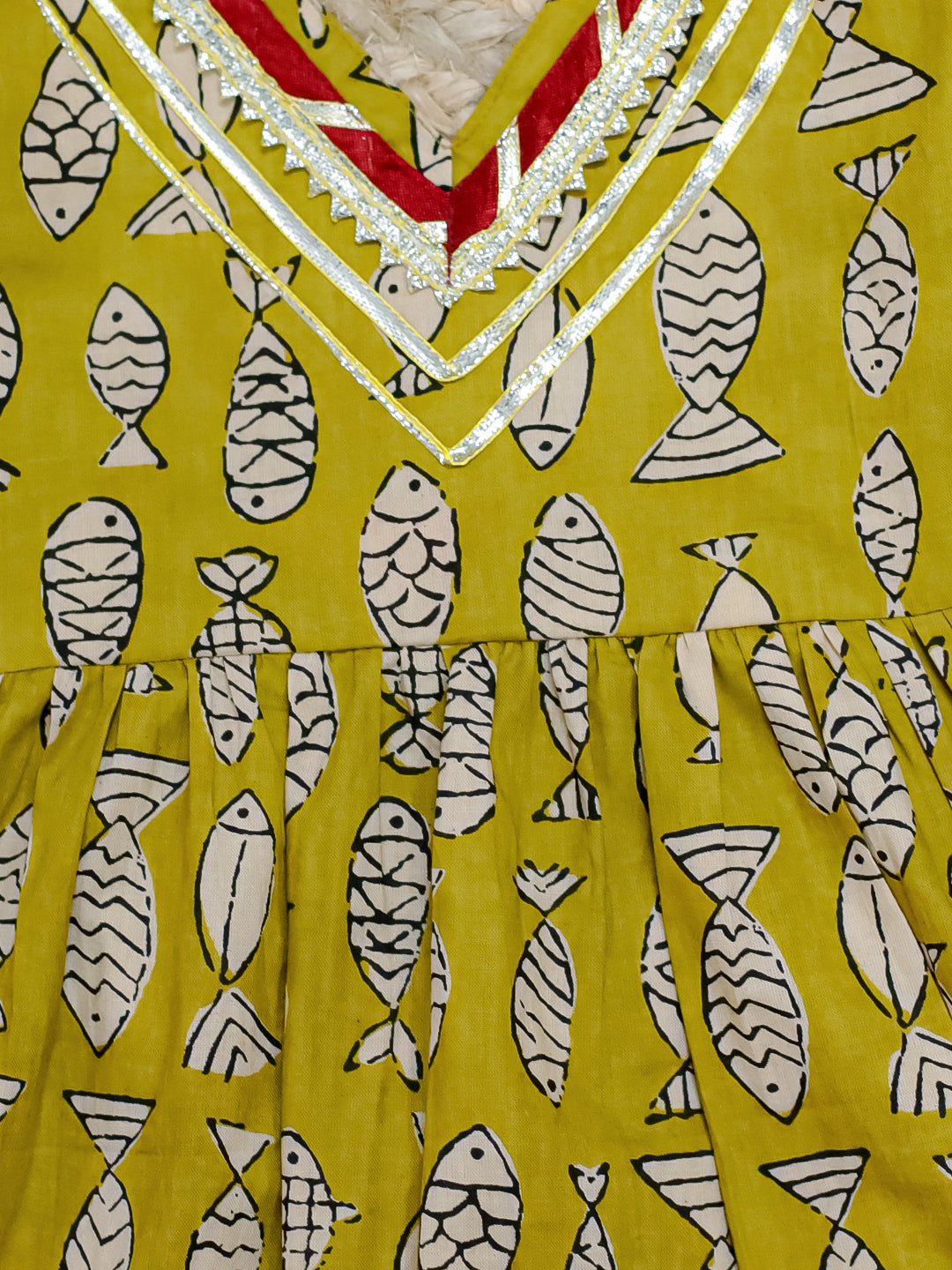 BownBee Girls Halter Neck Pure Cotton Fish Print Kurti with Harem - Yellow